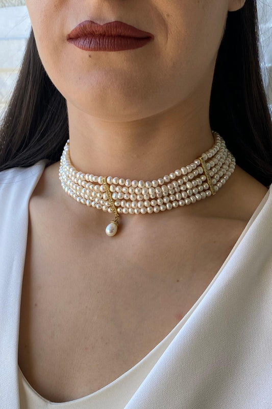 Zirkon Taşlı Doğal İnci 5 Sıra Kolye