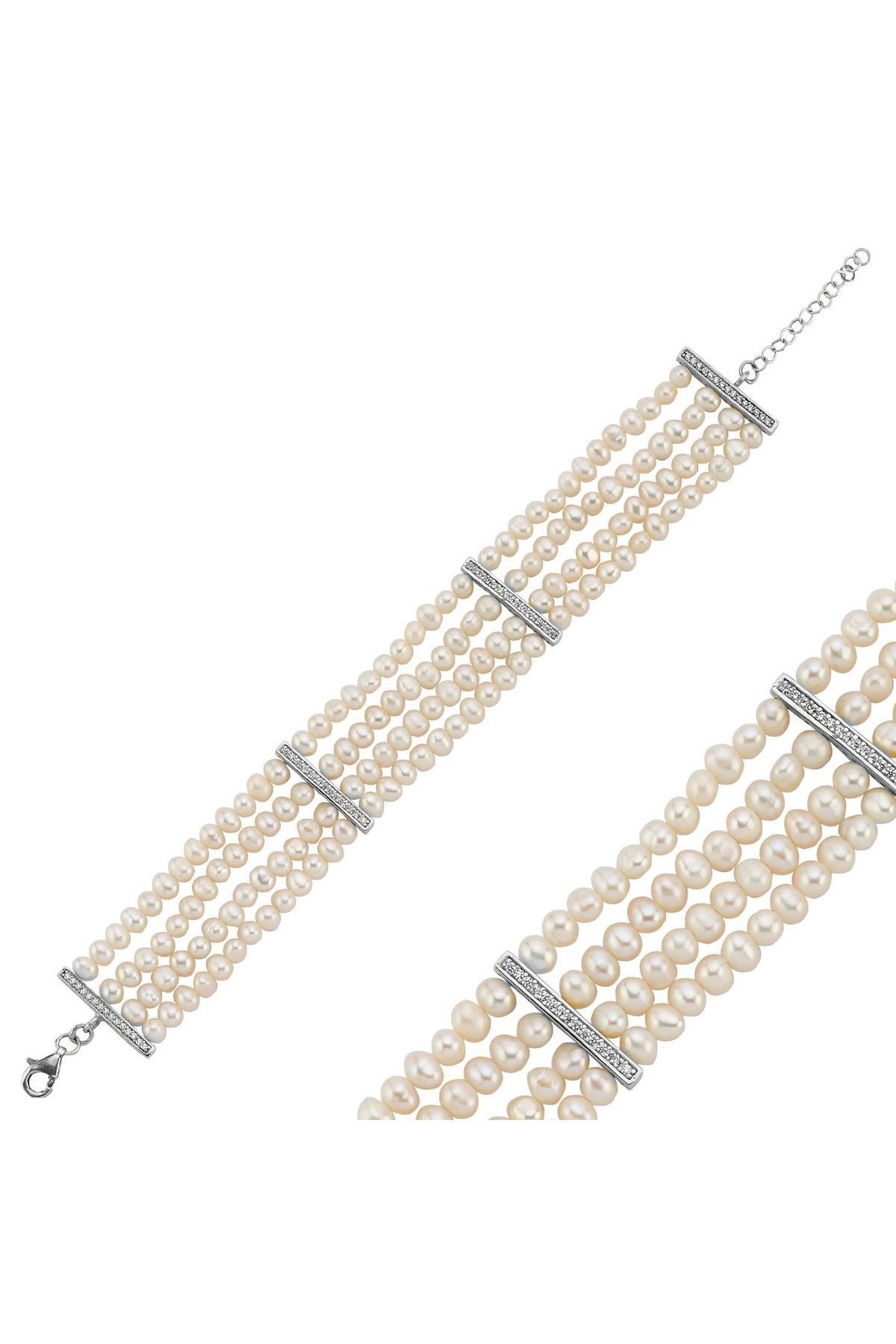 Zirkon Taşlı Doğal İnci 4 Sıra Bileklik