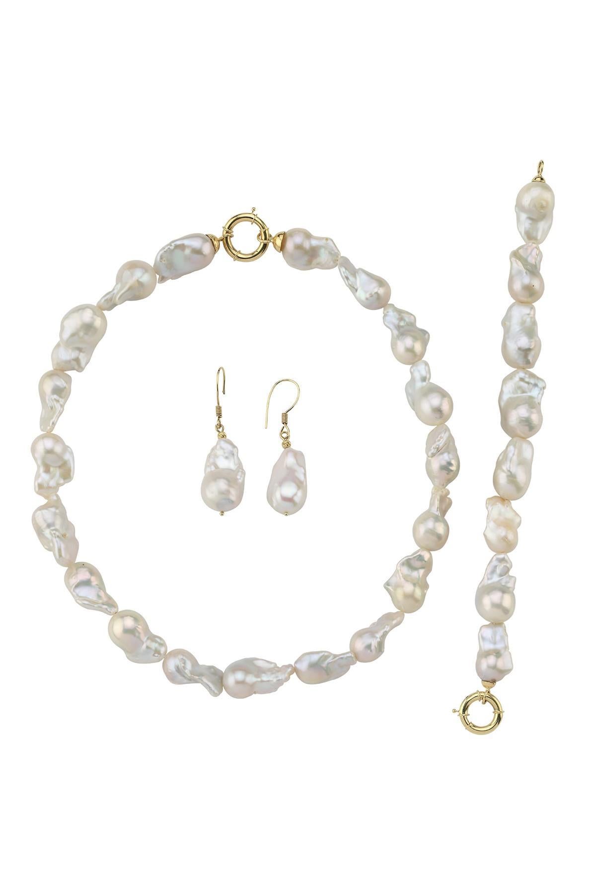 Barok İnci Kolye Bileklik Küpe Üçlü Set