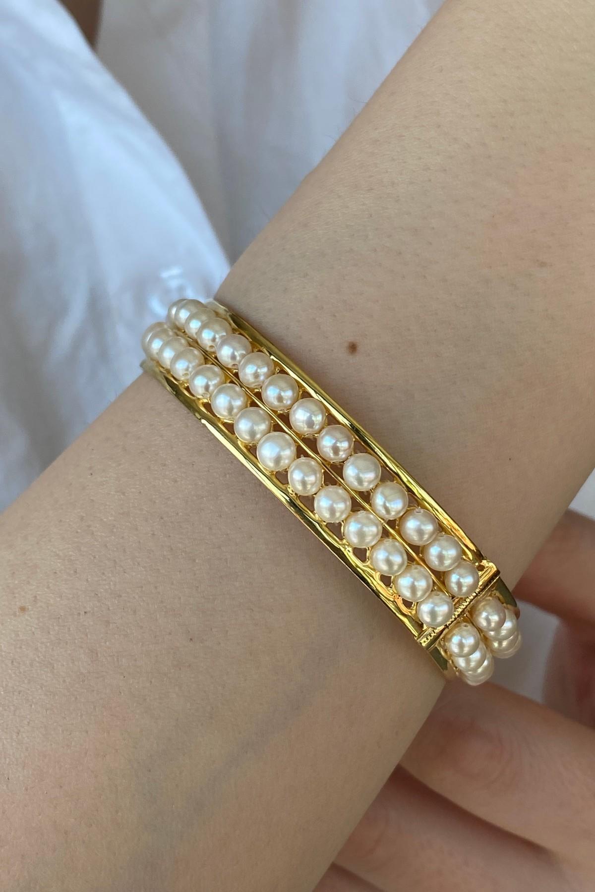 Çift Sıra Doğal İnci Kelepçe Bileklik