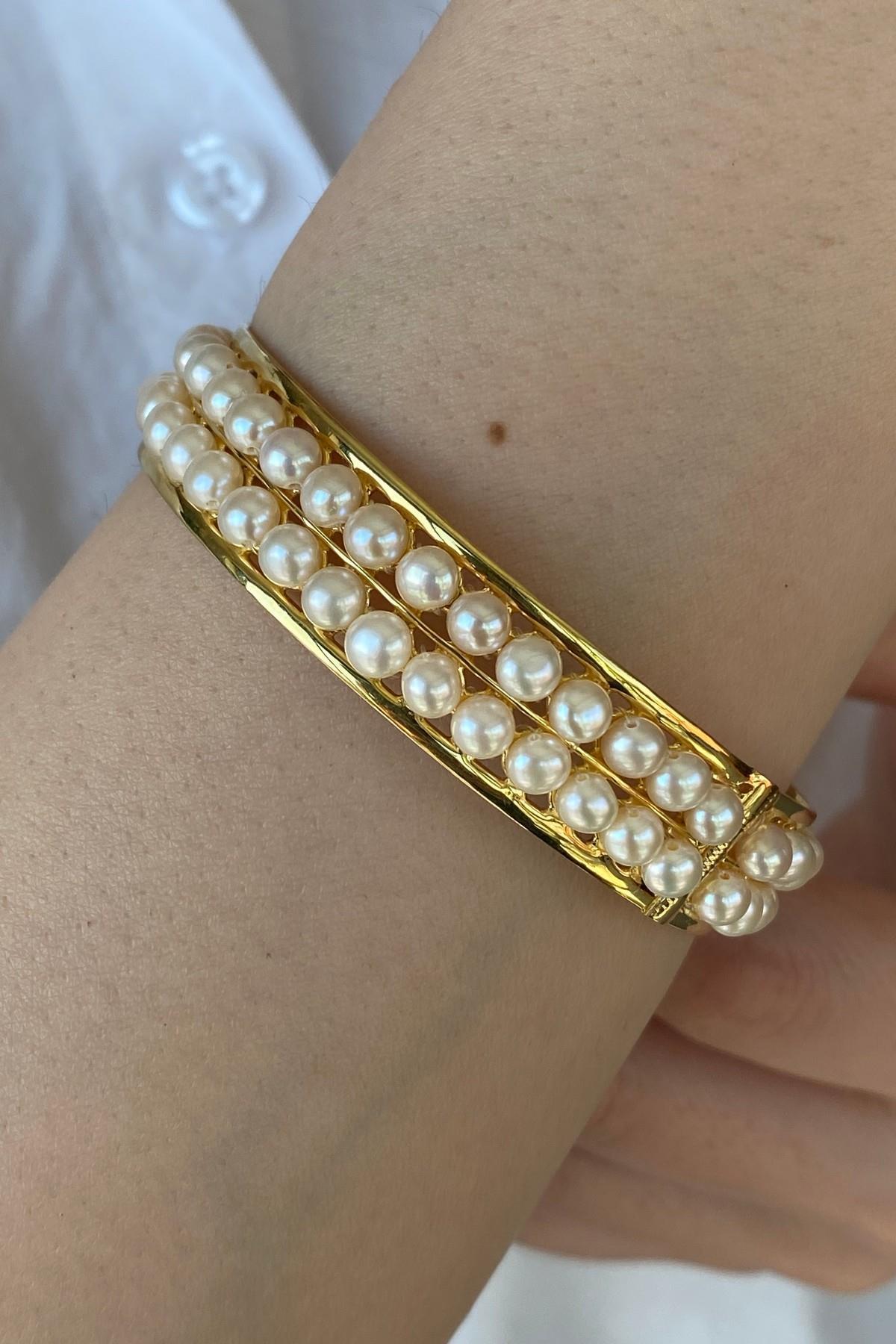 Çift Sıra Doğal İnci Kelepçe Bileklik