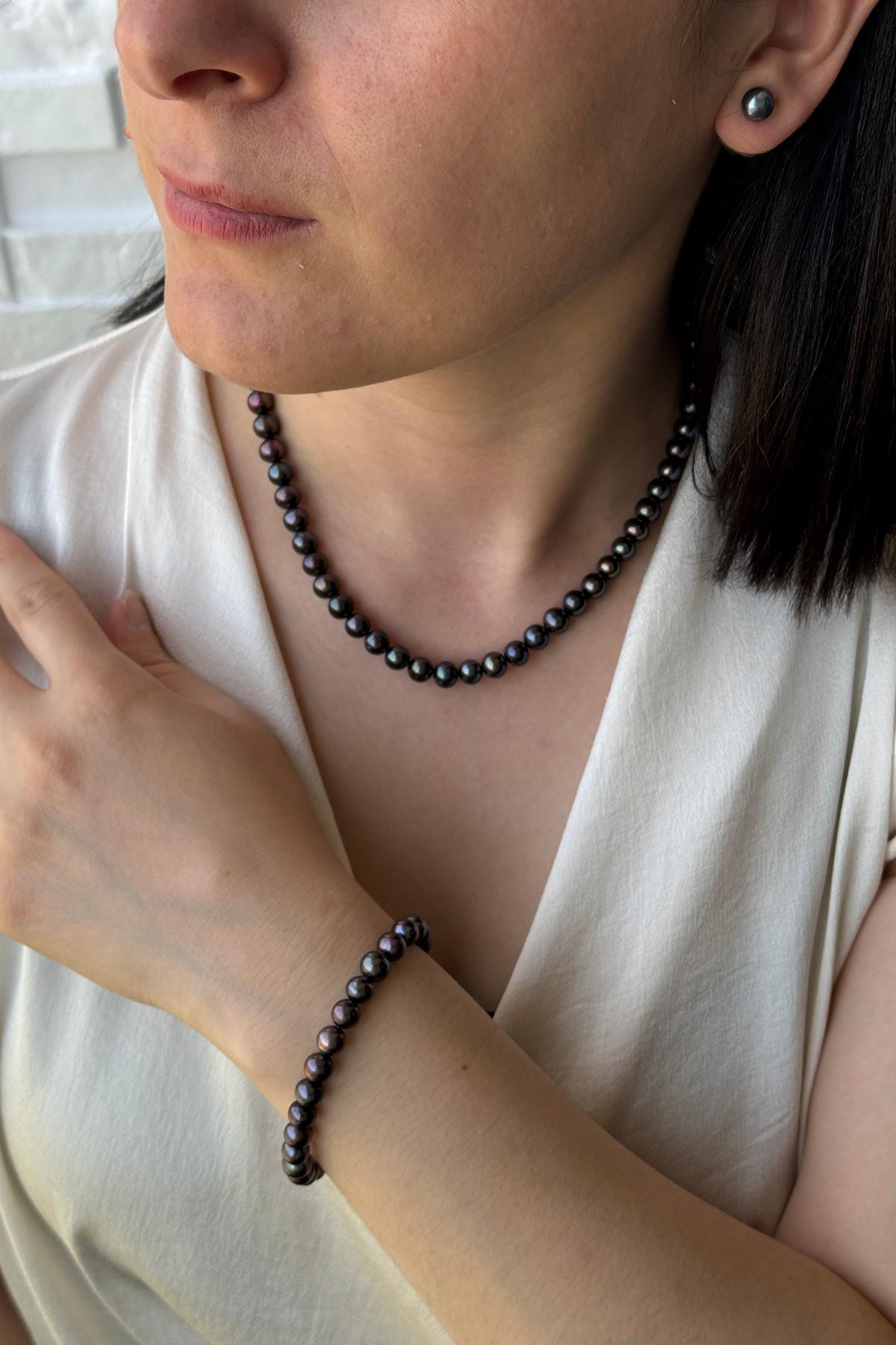 Siyah Doğal İnci Sıralı Kolye