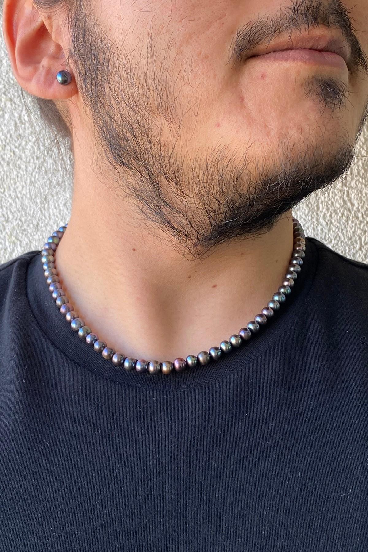 Siyah Doğal İnci Sıralı Erkek Kolye