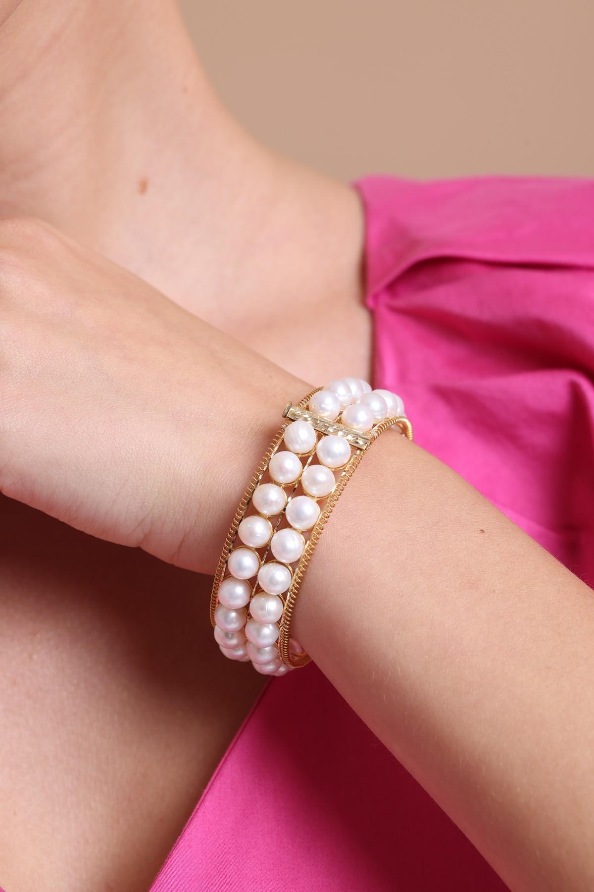 Çift Sıra Doğal İnci Kelepçe Bileklik