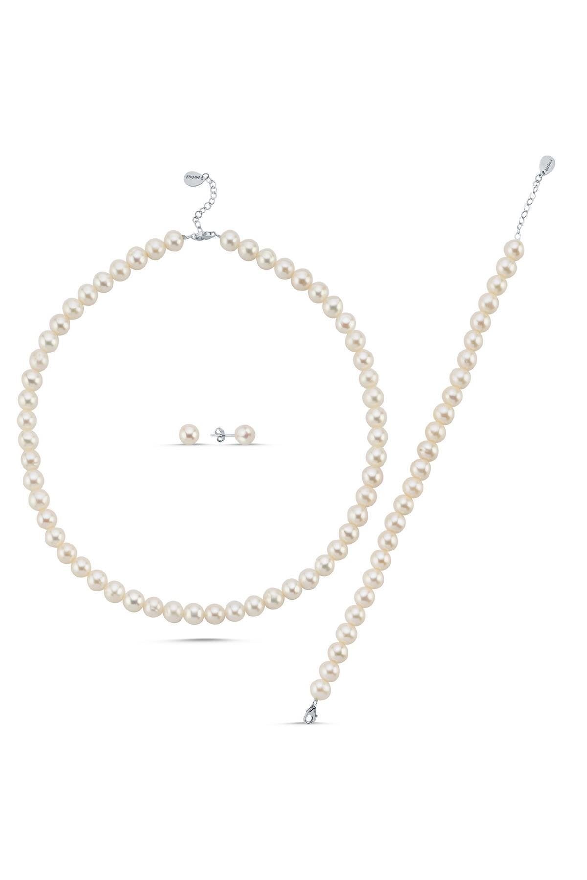 Sıralı Doğal İnci Küpe Kolye Bileklik Üçlü Set