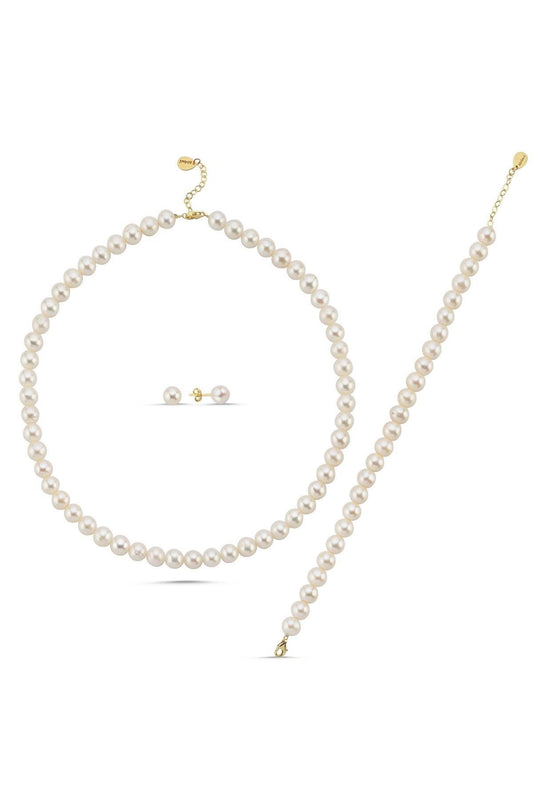 Sıralı Doğal İnci Küpe Kolye Bileklik Üçlü Set