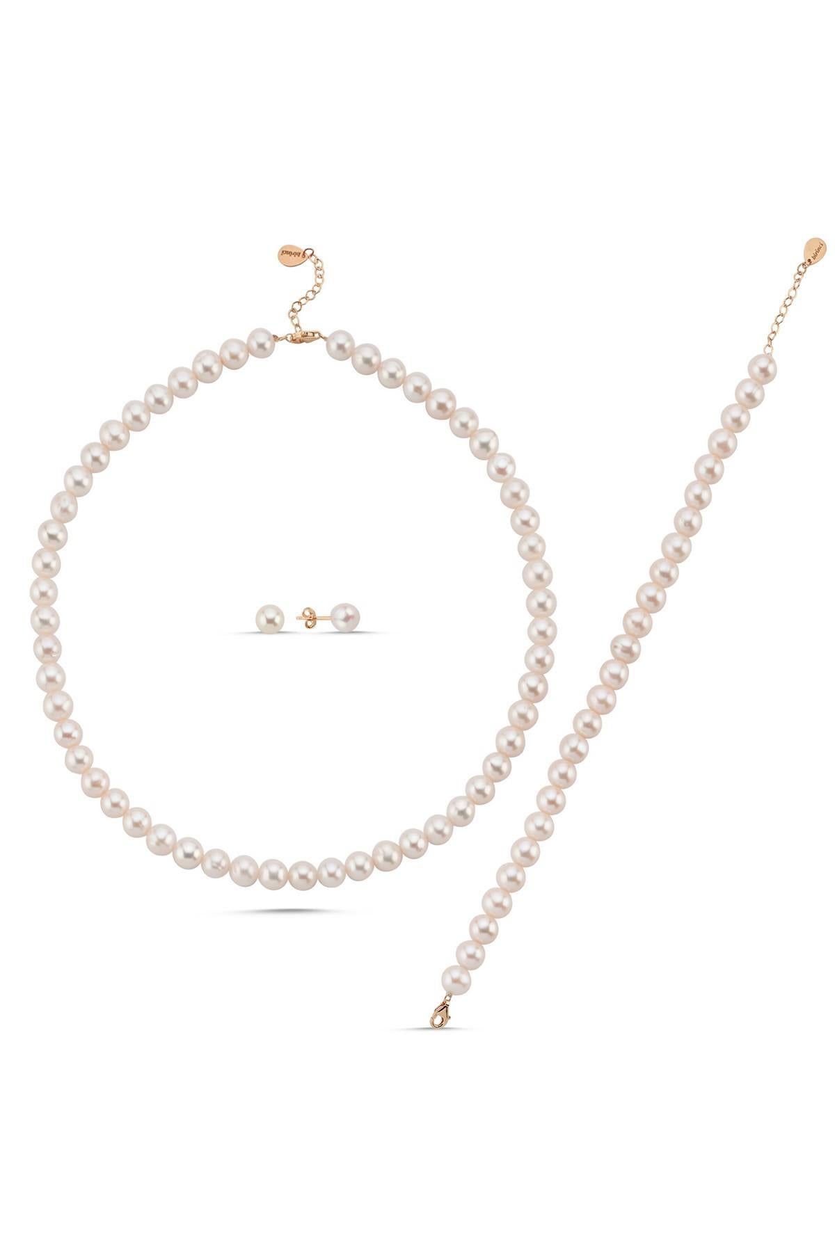 Sıralı Doğal İnci Küpe Kolye Bileklik Üçlü Set