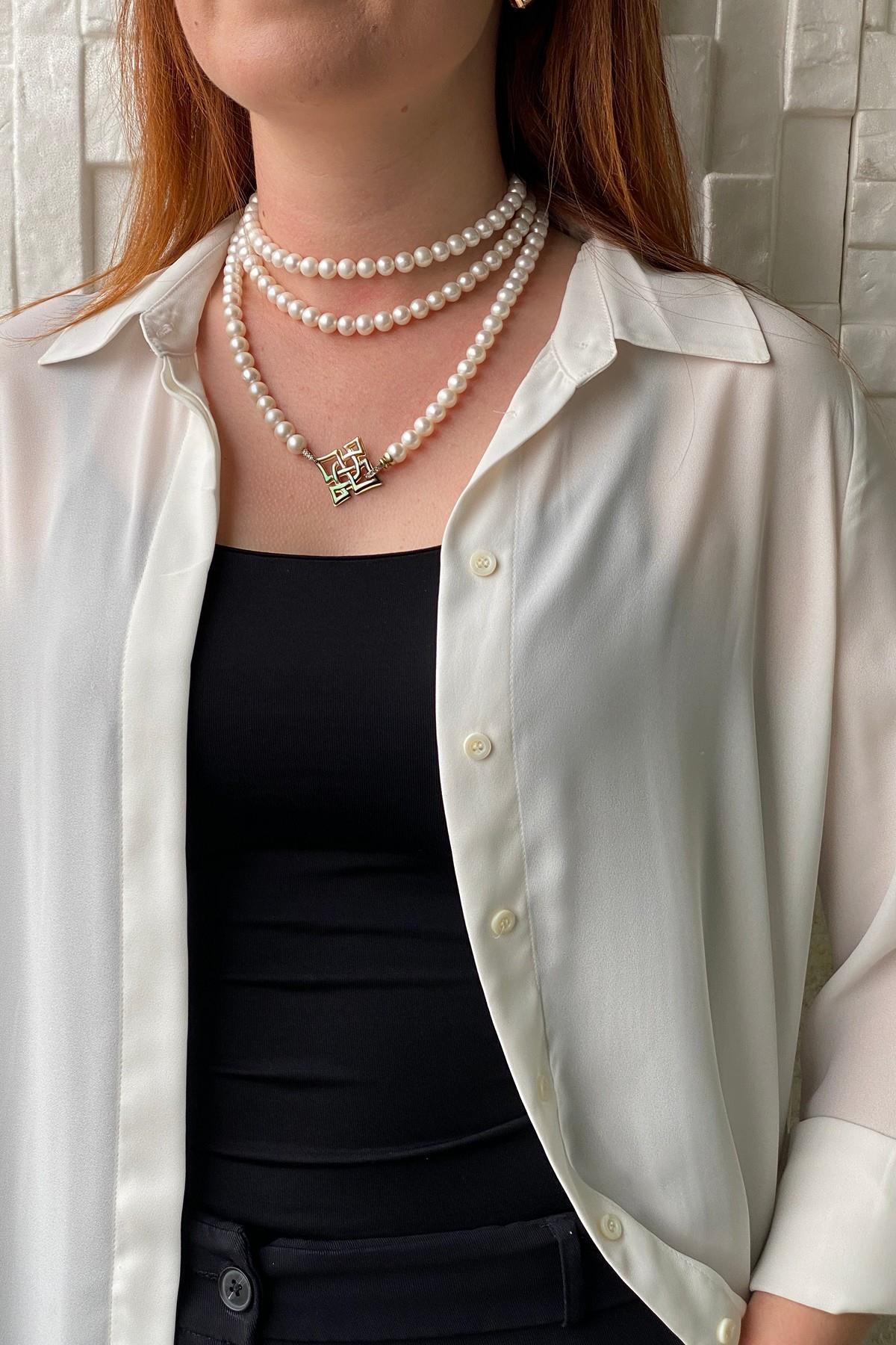 Uzun Tasarım Sıralı İnci Kolye