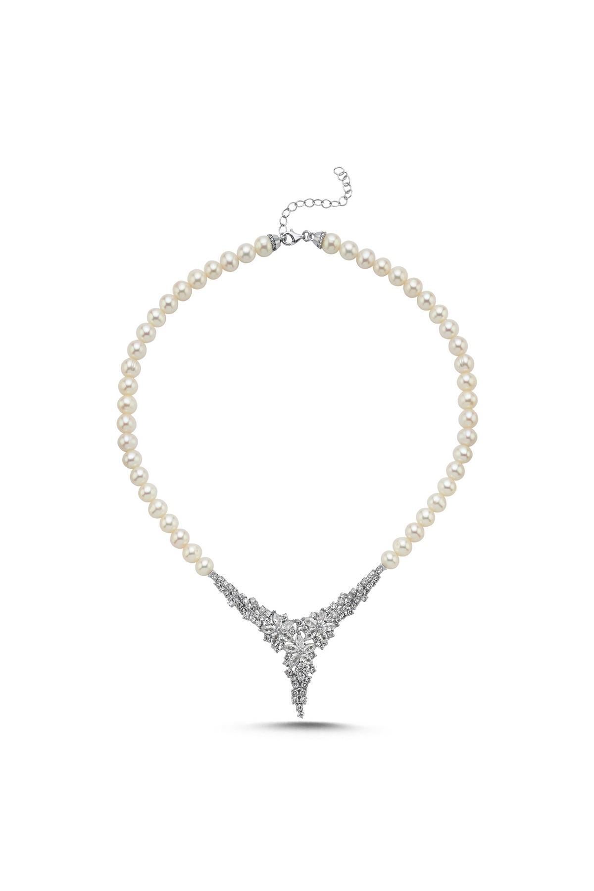 Zirkon Taşlı Doğal İnci Kolye