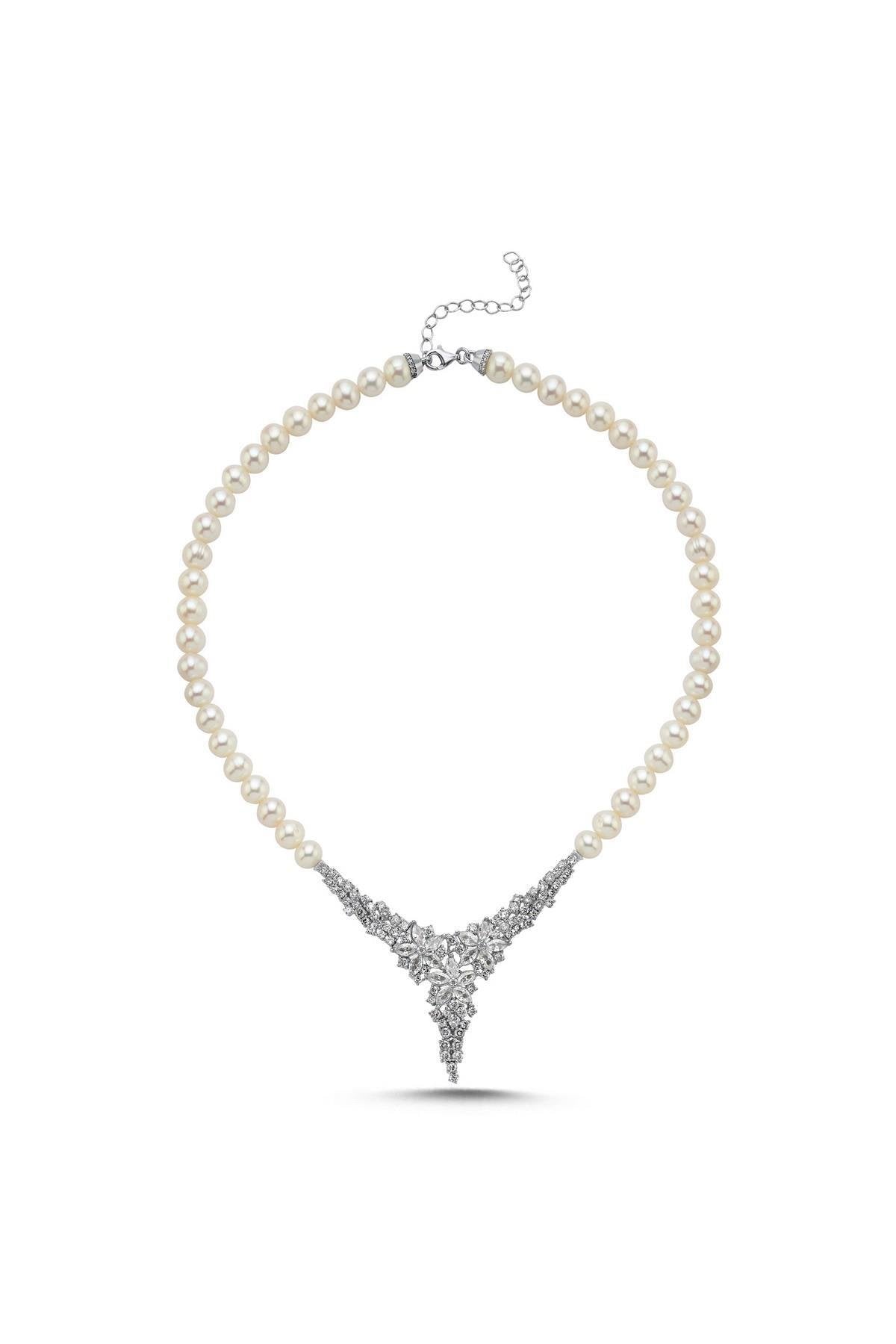 Zirkon Taşlı Doğal İnci Kolye