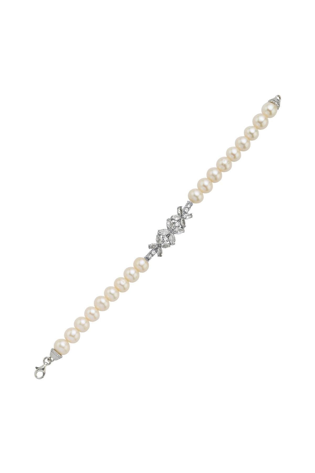 Çiçek Tasarımlı Zirkon Taşlı Doğal İnci Bileklik