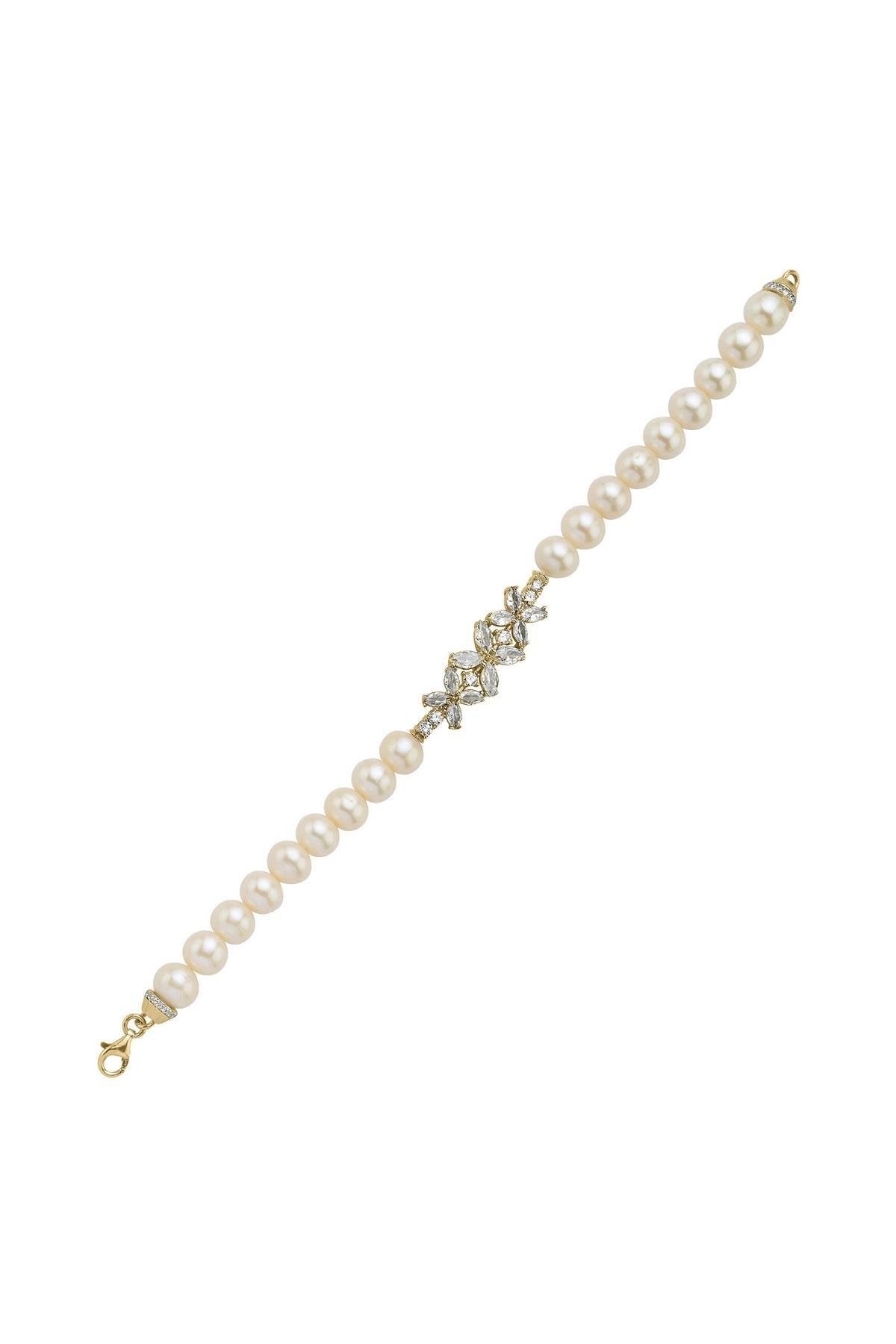 Çiçek Tasarımlı Zirkon Taşlı Doğal İnci Bileklik