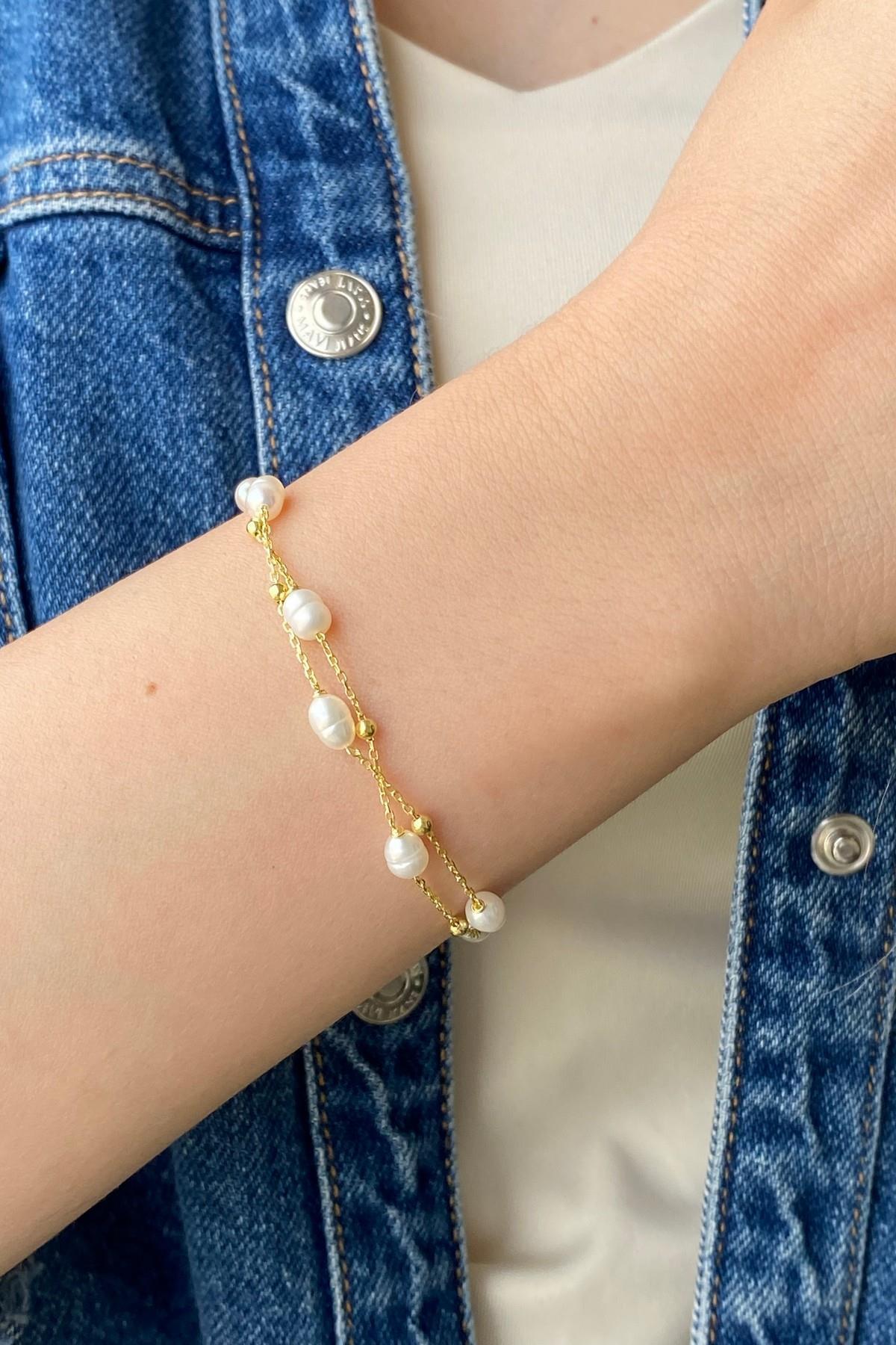 Çift Zincir Dorika Toplu Doğal İnci Bileklik