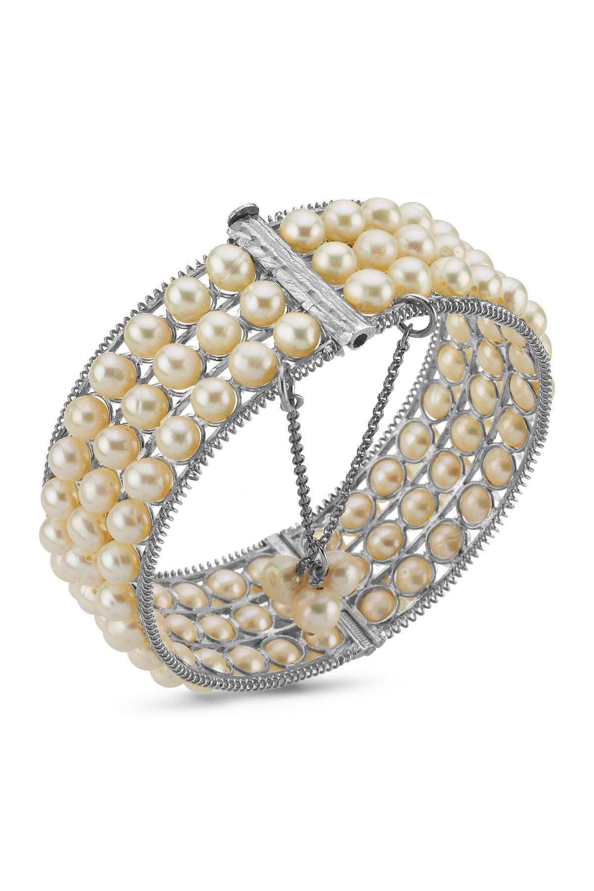 Üç Sıra Doğal İnci Kelepçe Bileklik