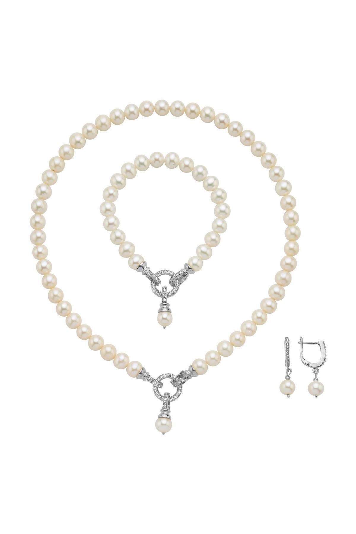 Halka Kilitli Doğal İnci Küpe Kolye Bileklik Üçlü Set