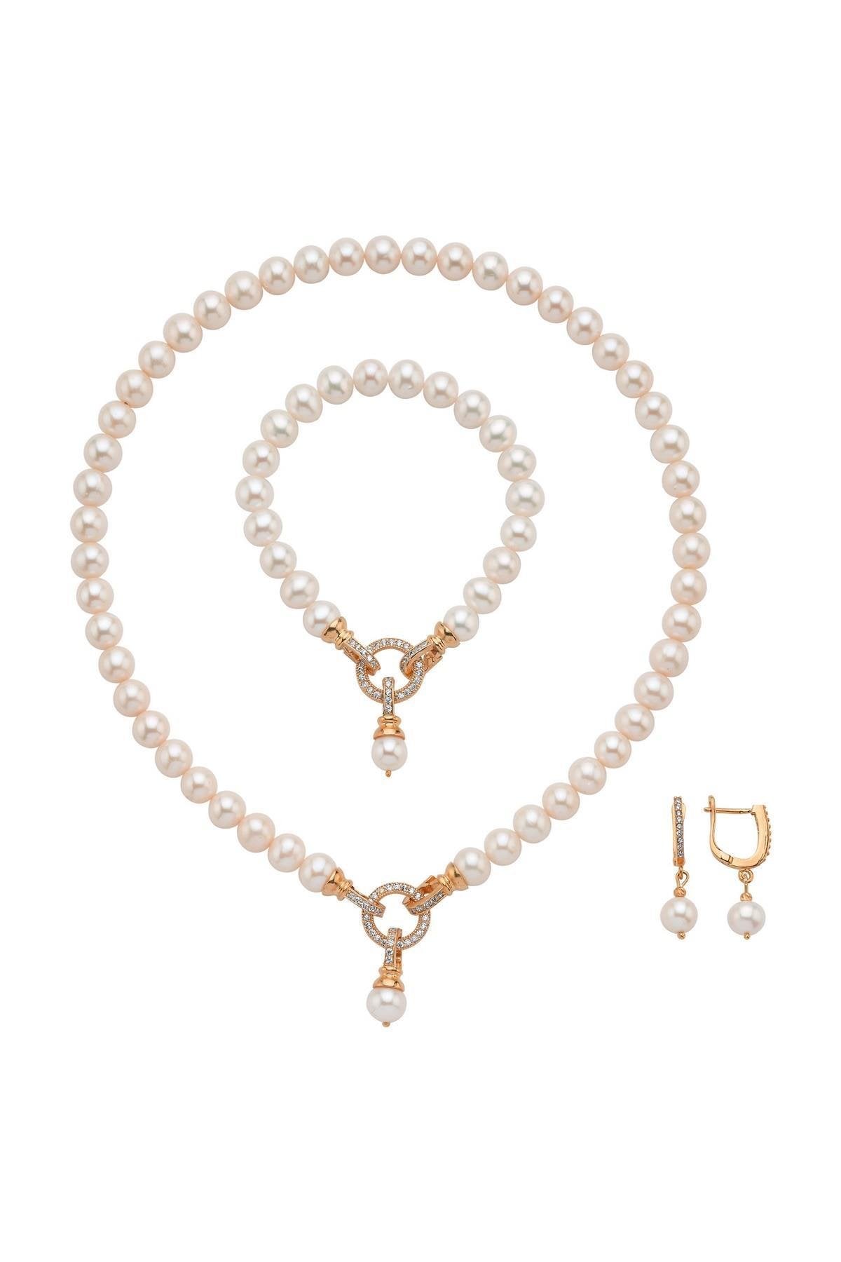 Halka Kilitli Doğal İnci Küpe Kolye Bileklik Üçlü Set