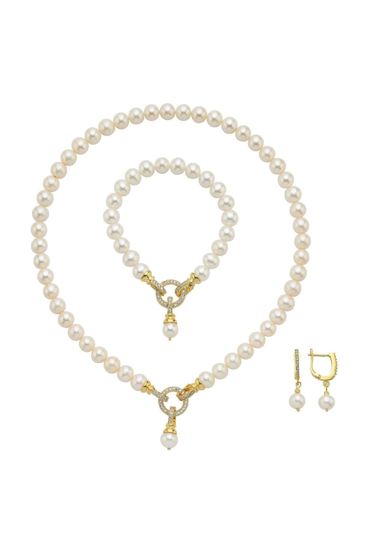 Halka Kilitli Doğal İnci Küpe Kolye Bileklik Üçlü Set