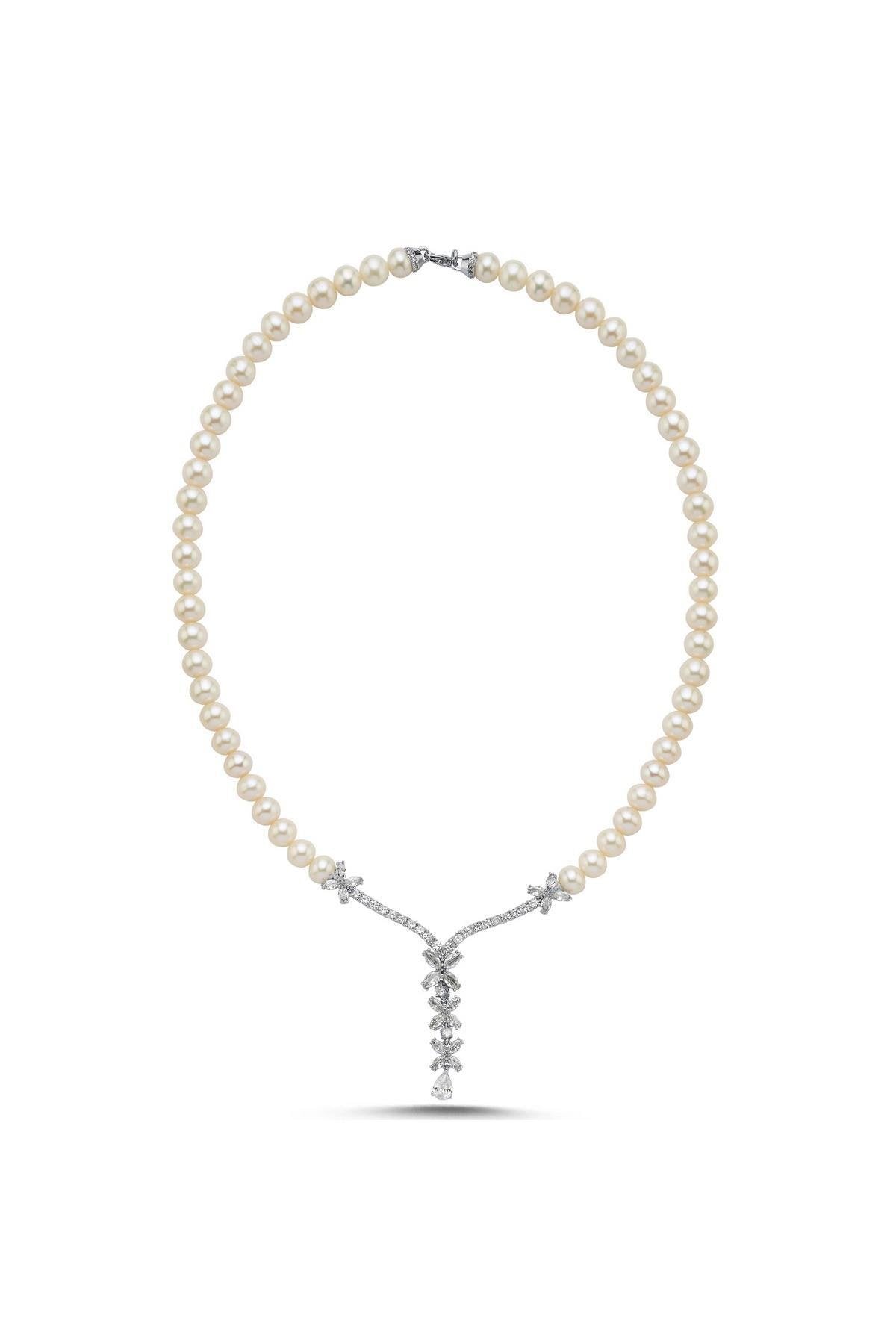 Çiçek Taşlı Doğal İnci Kolye