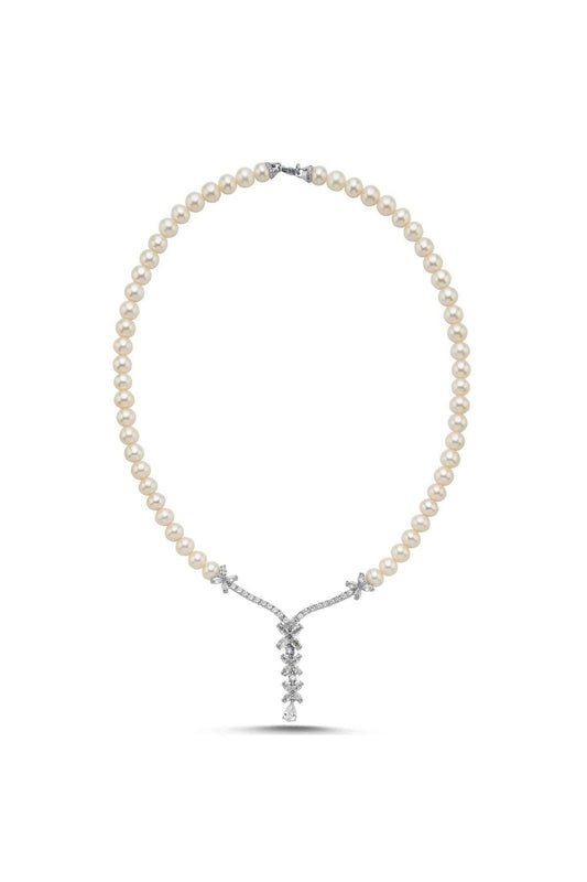 Çiçek Taşlı Doğal İnci Kolye