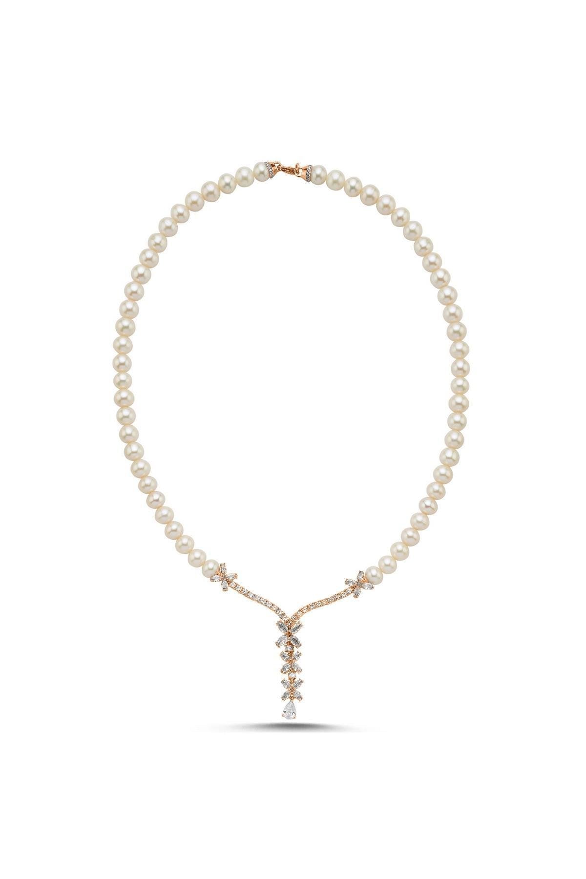 Çiçek Taşlı Doğal İnci Kolye