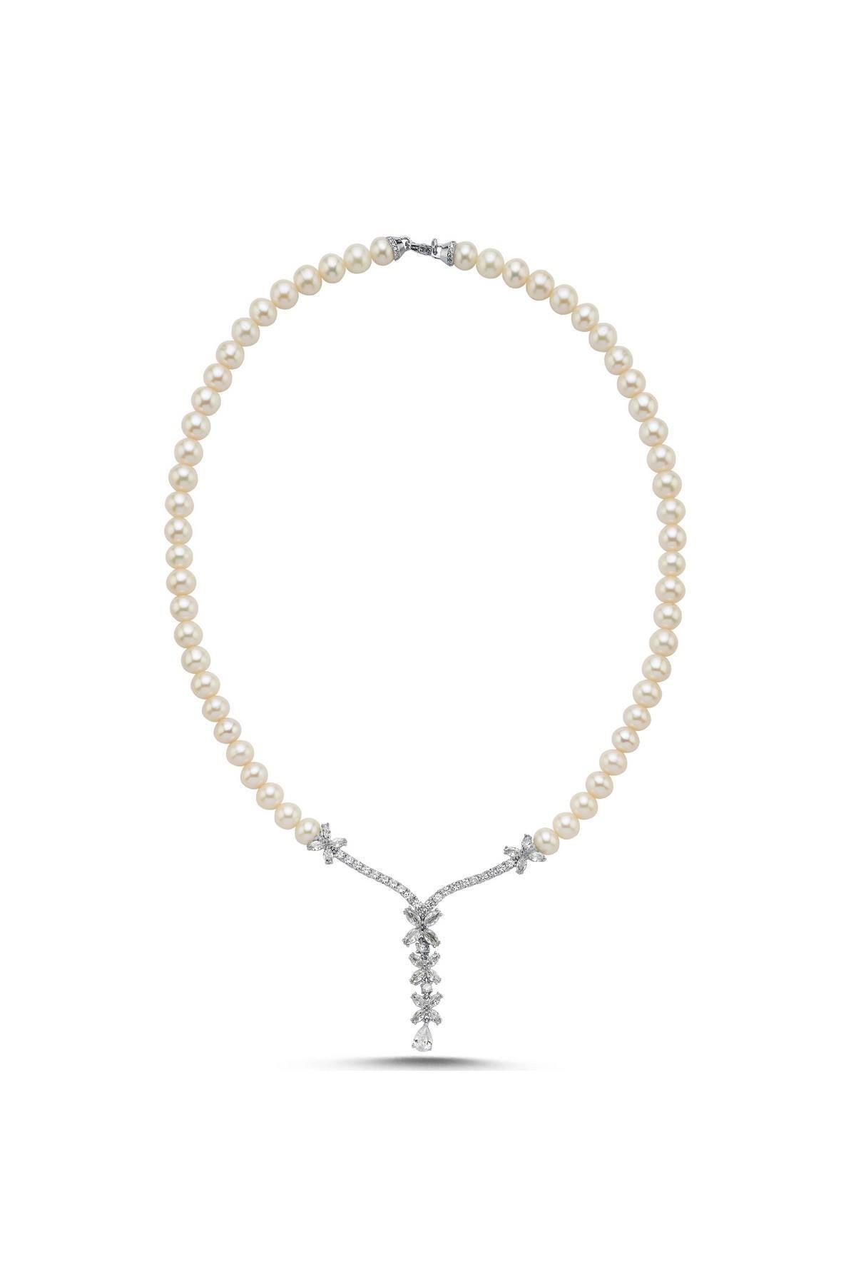 Çiçek Taşlı Doğal İnci Kolye