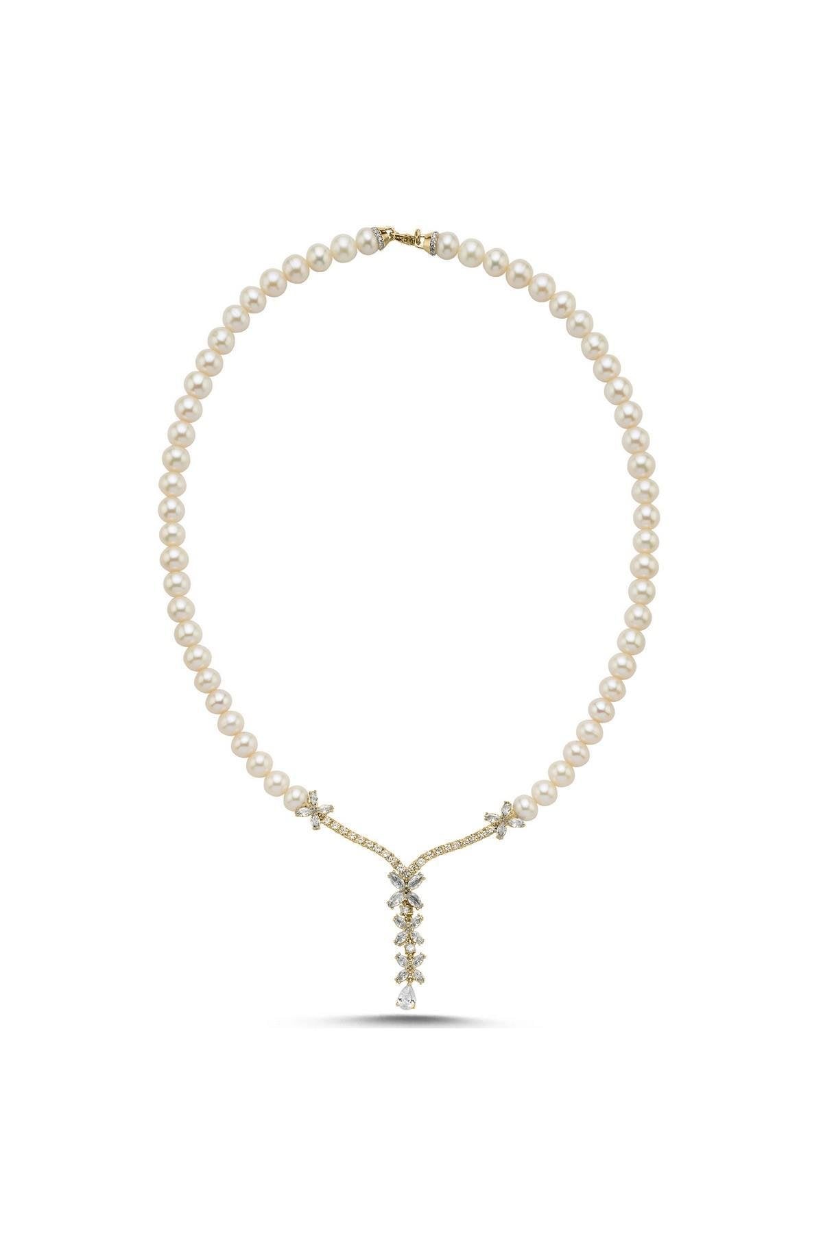 Çiçek Taşlı Doğal İnci Kolye