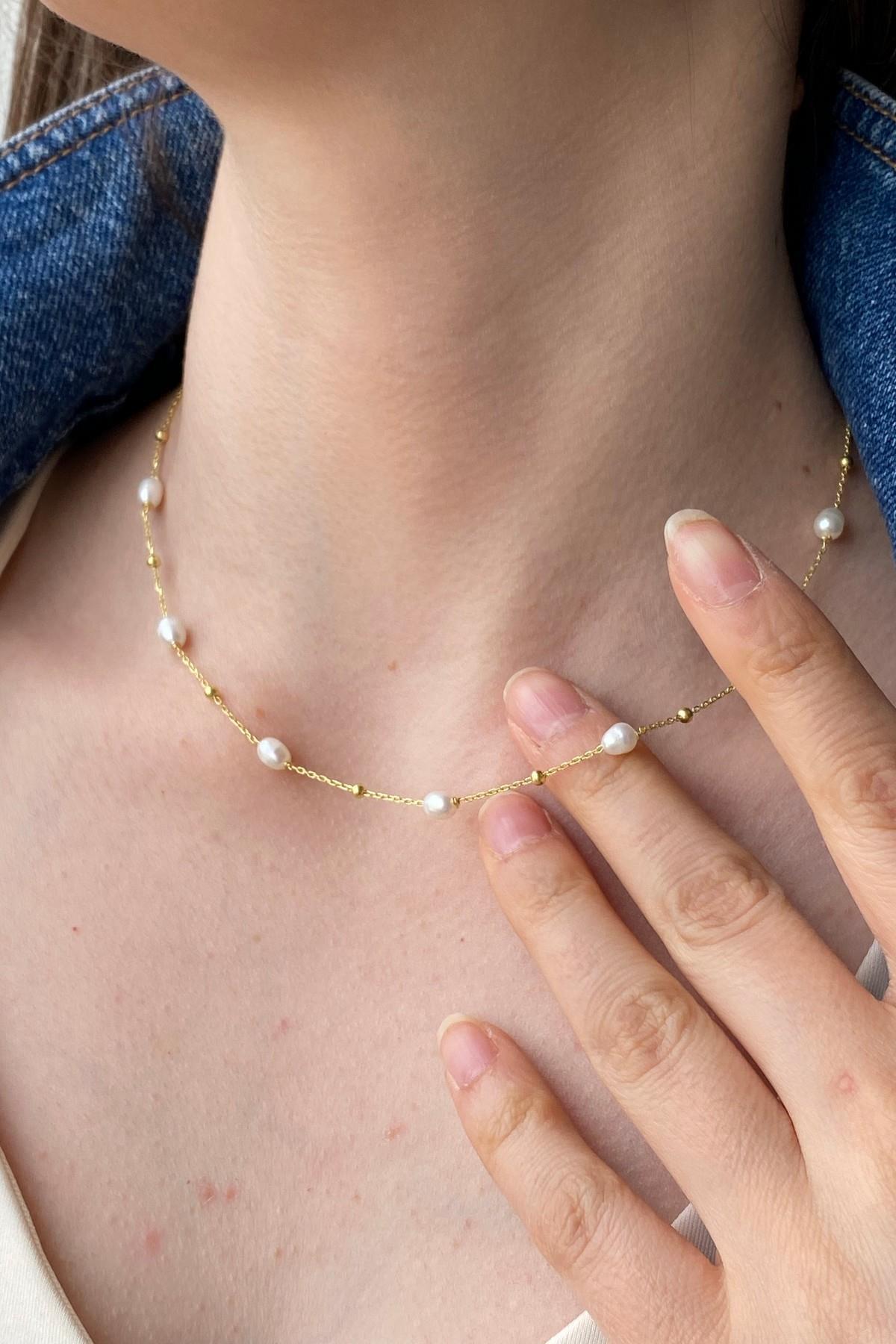 Dorika Toplu Zincir Doğal İnci Kolye