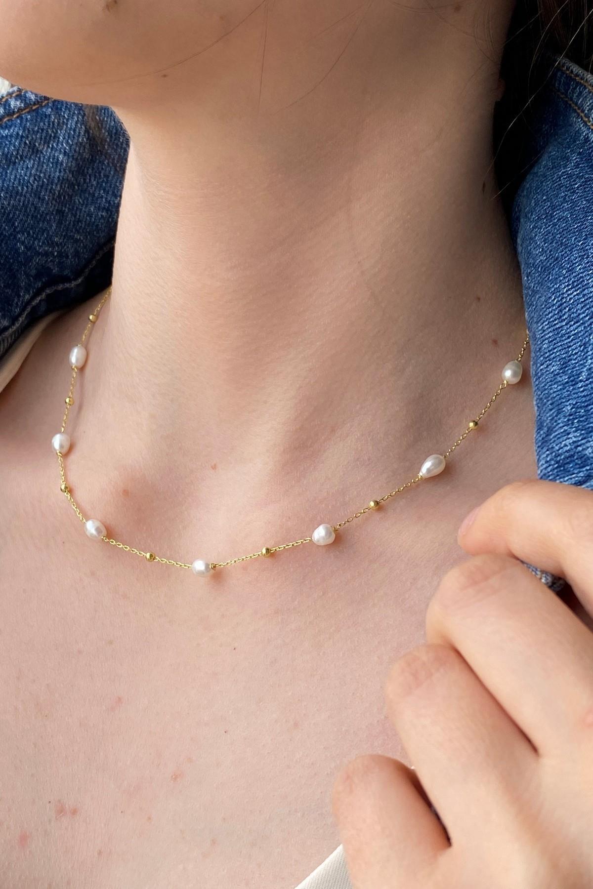 Dorika Toplu Zincir Doğal İnci Kolye