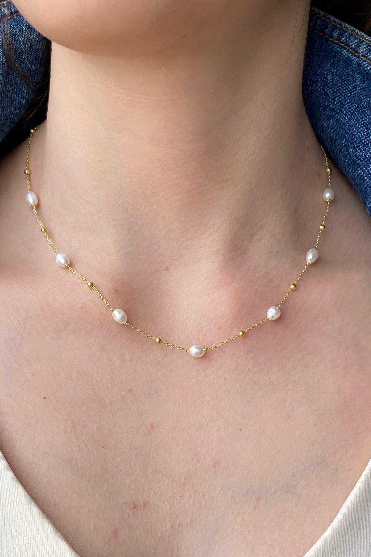 Dorika Toplu Zincir Doğal İnci Kolye