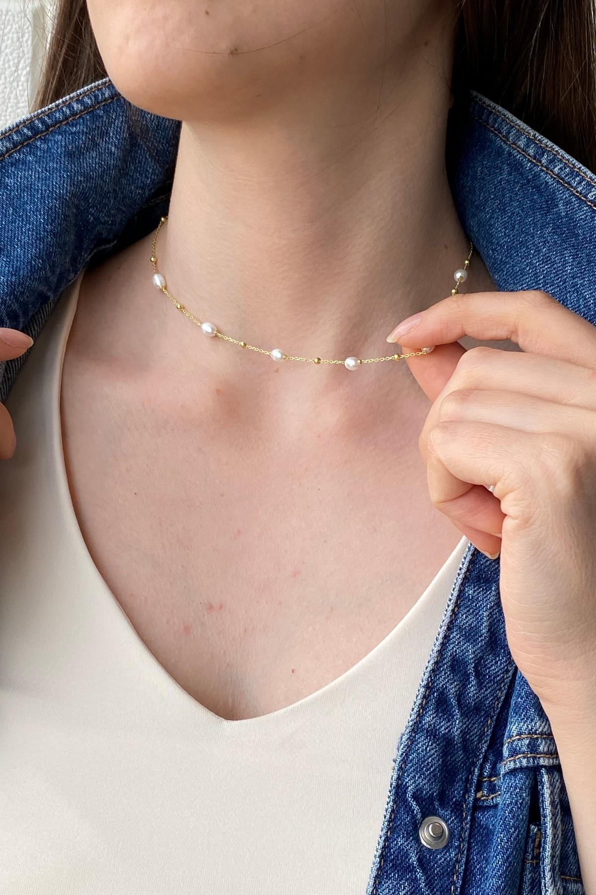 Dorika Toplu Zincir Doğal İnci Kolye