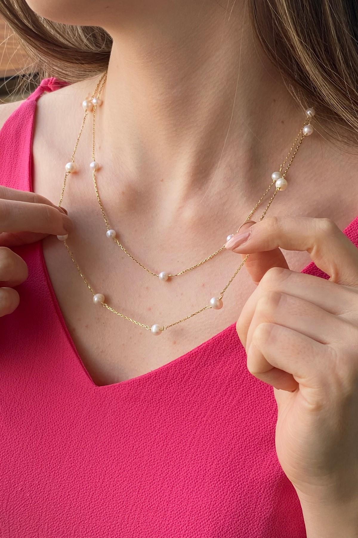 İkili Zincir Doğal İnci Kolye