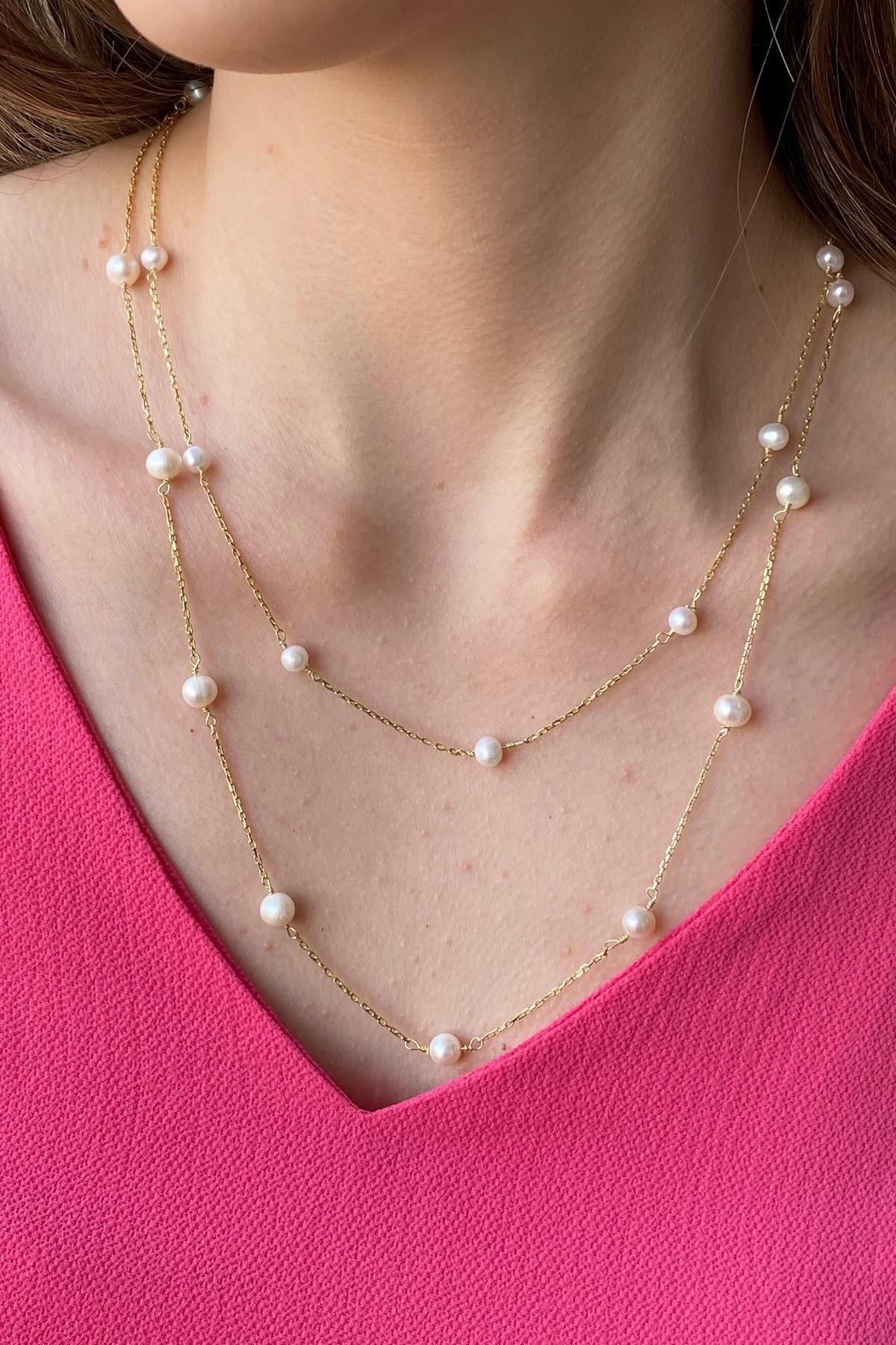 İkili Zincir Doğal İnci Kolye