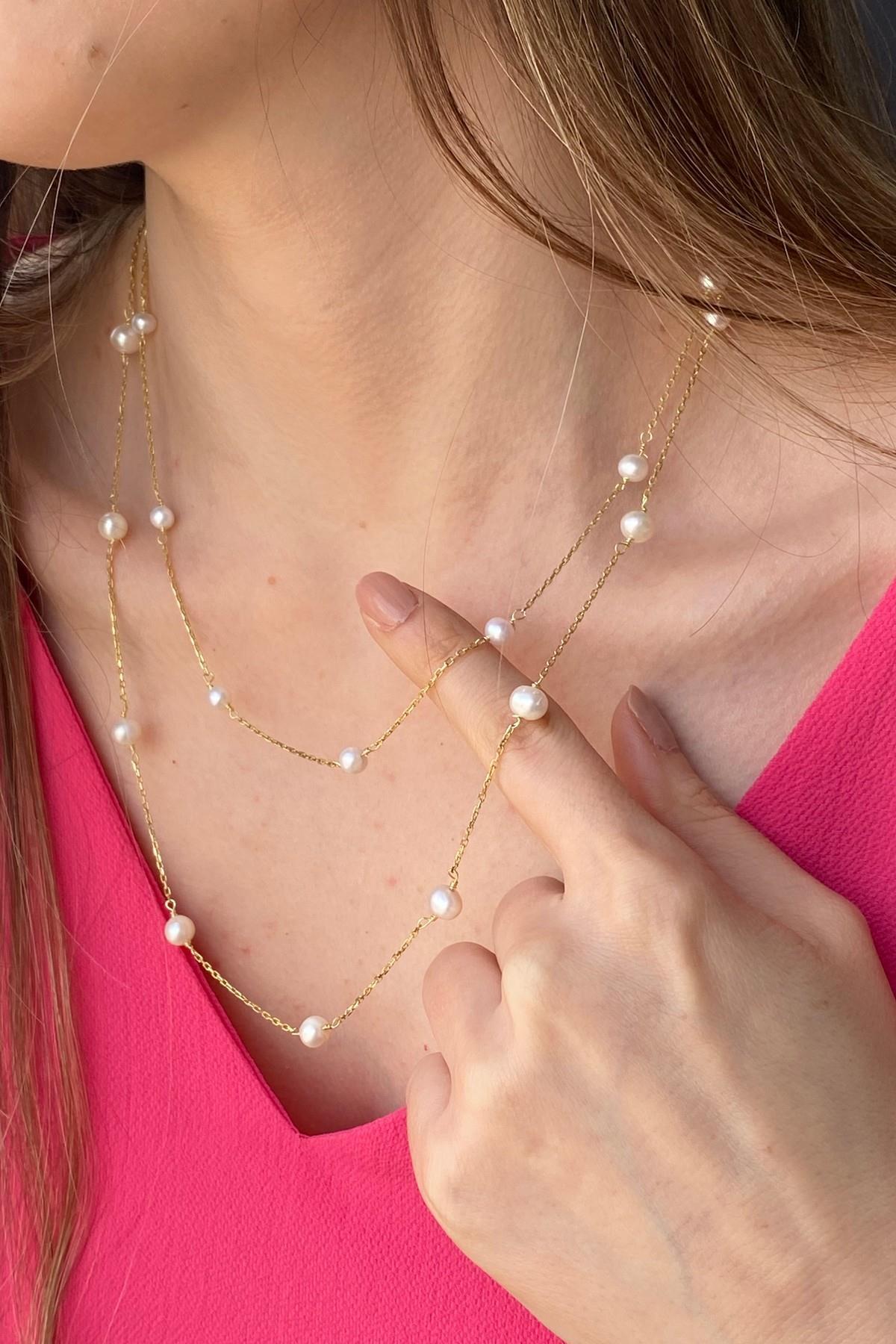 İkili Zincir Doğal İnci Kolye