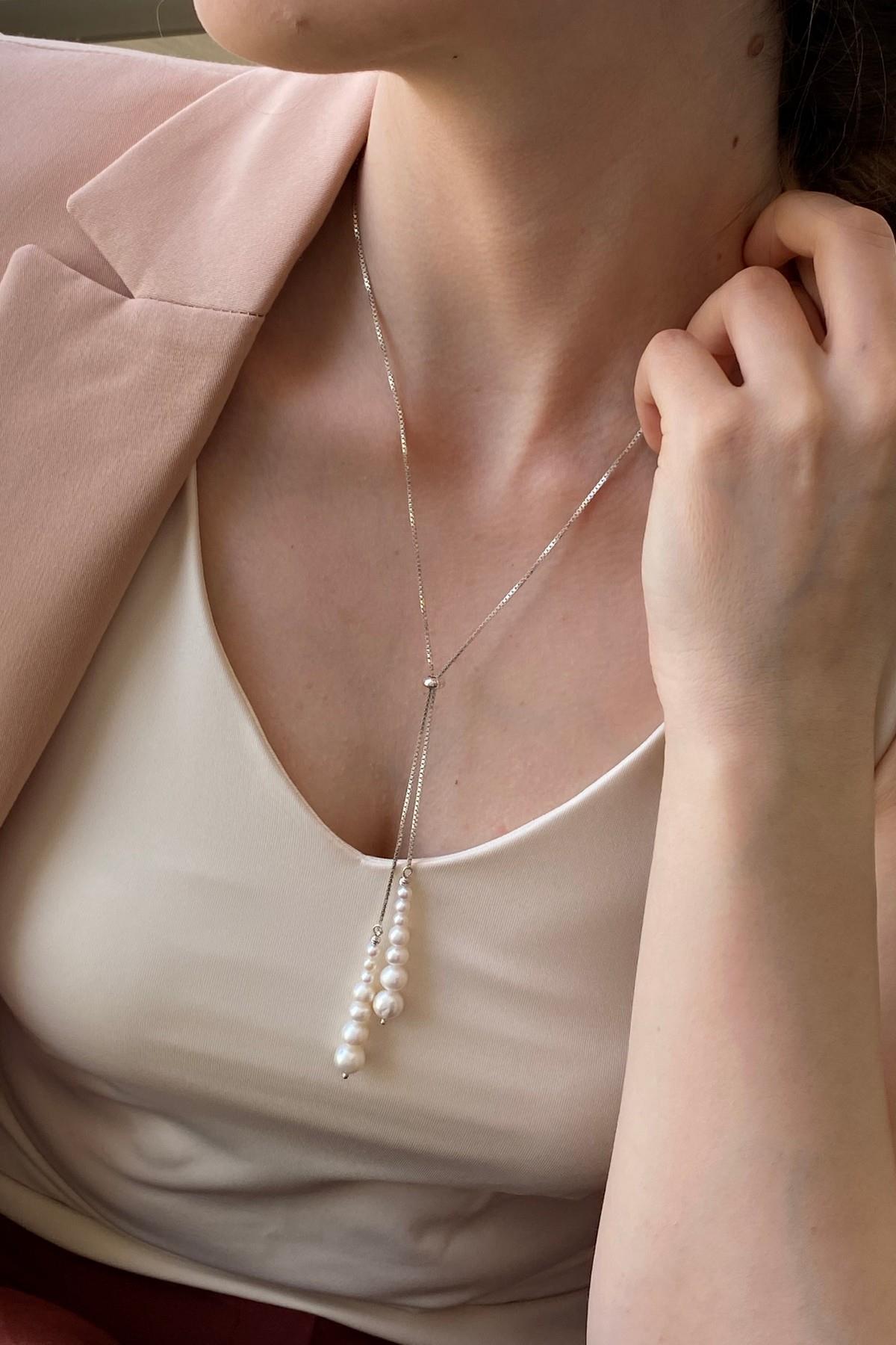 Süzme Doğal İnci Asansörlü Zincir Kolye