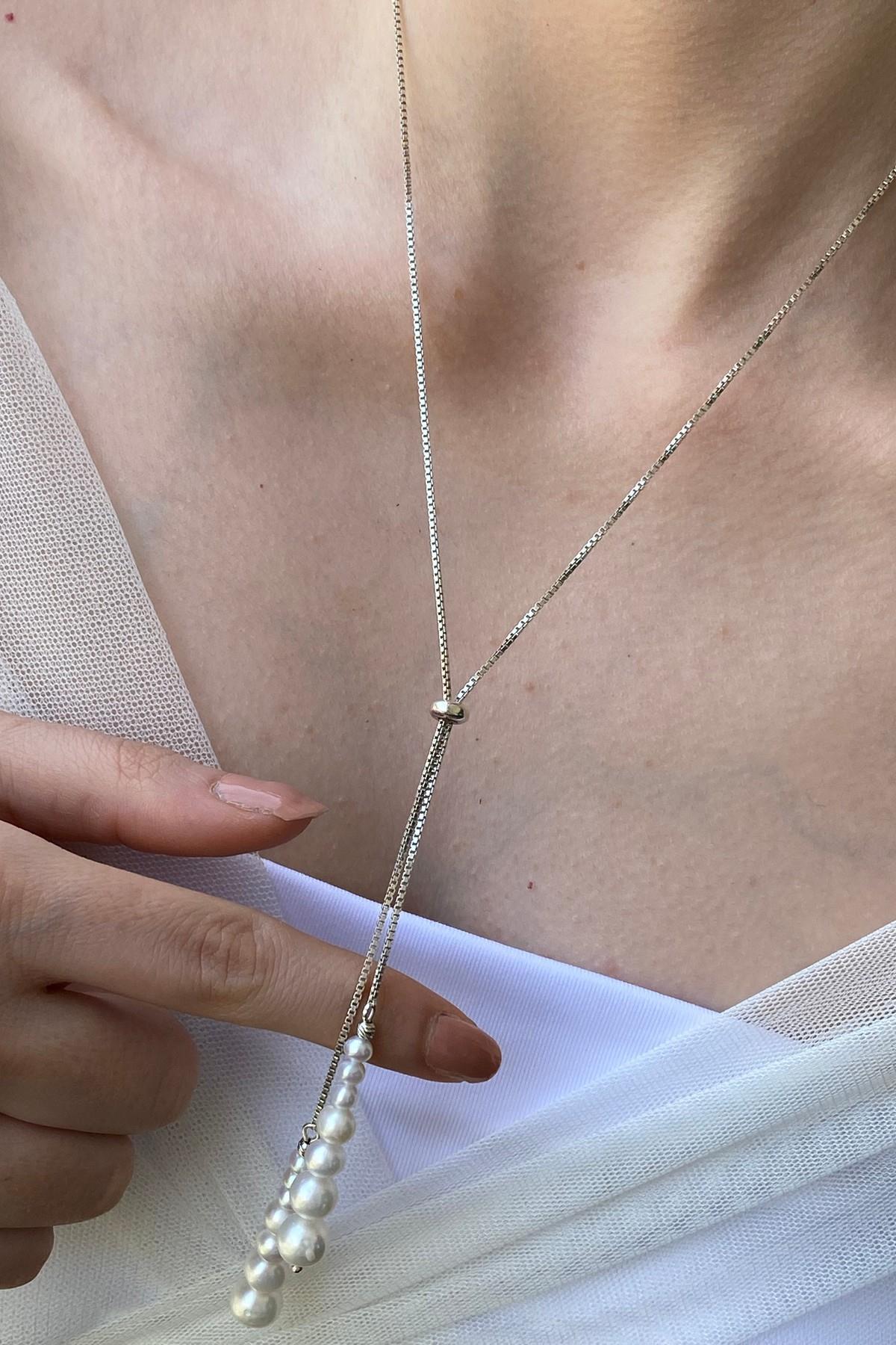 Süzme Doğal İnci Asansörlü Zincir Kolye