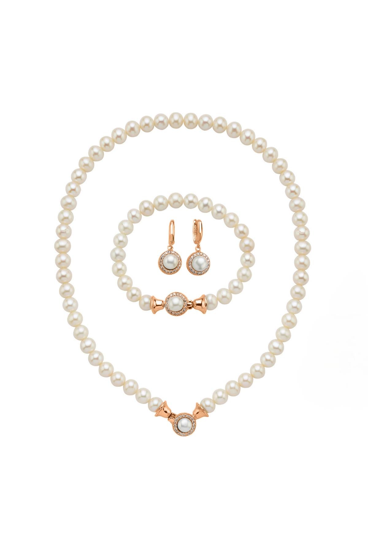 Zirkon Taşlı Doğal İnci Küpe Kolye Bileklik Üçlü Set