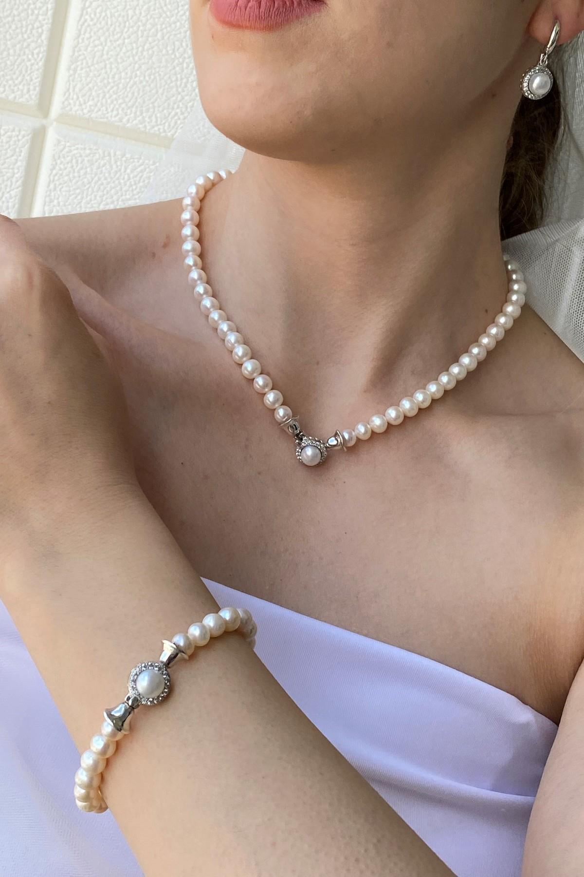 Zirkon Taşlı Doğal İnci Küpe Kolye Bileklik Üçlü Set