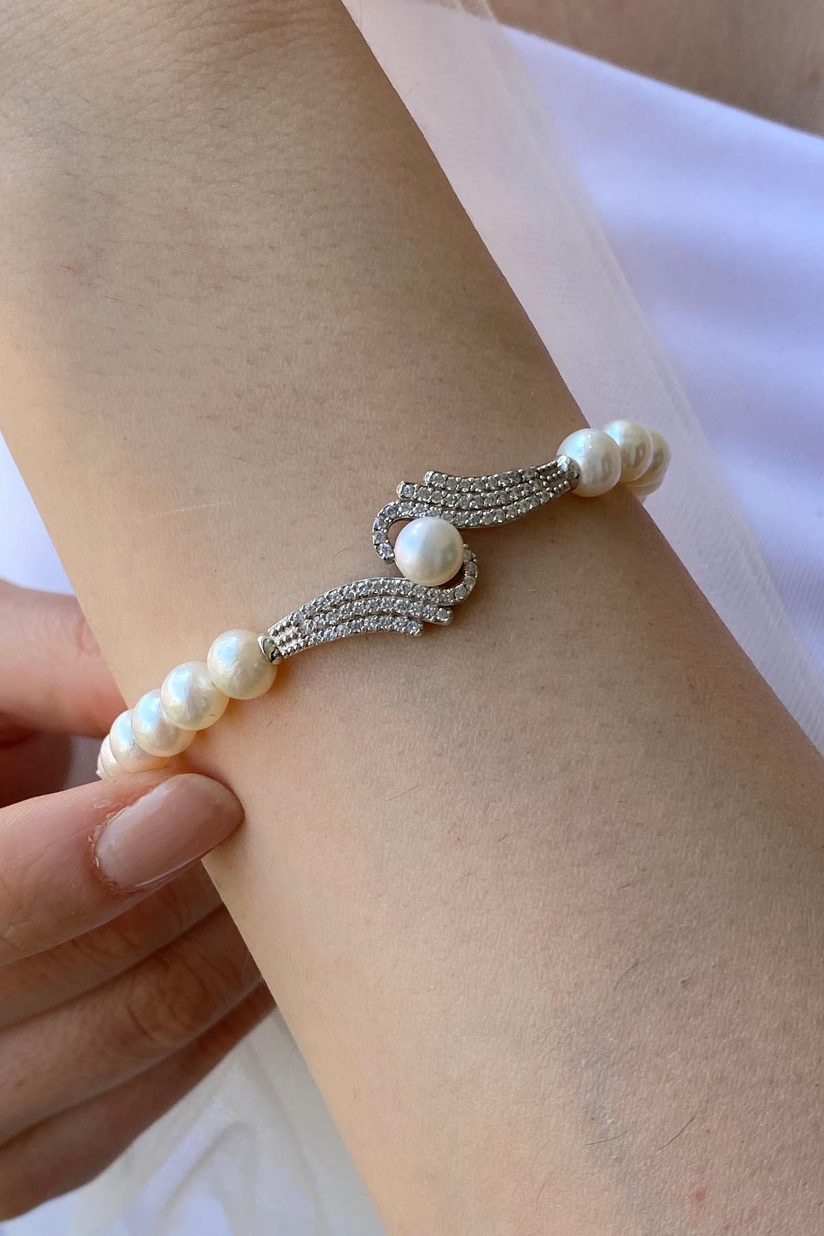 Zirkon Taşlı Doğal İnci Bileklik