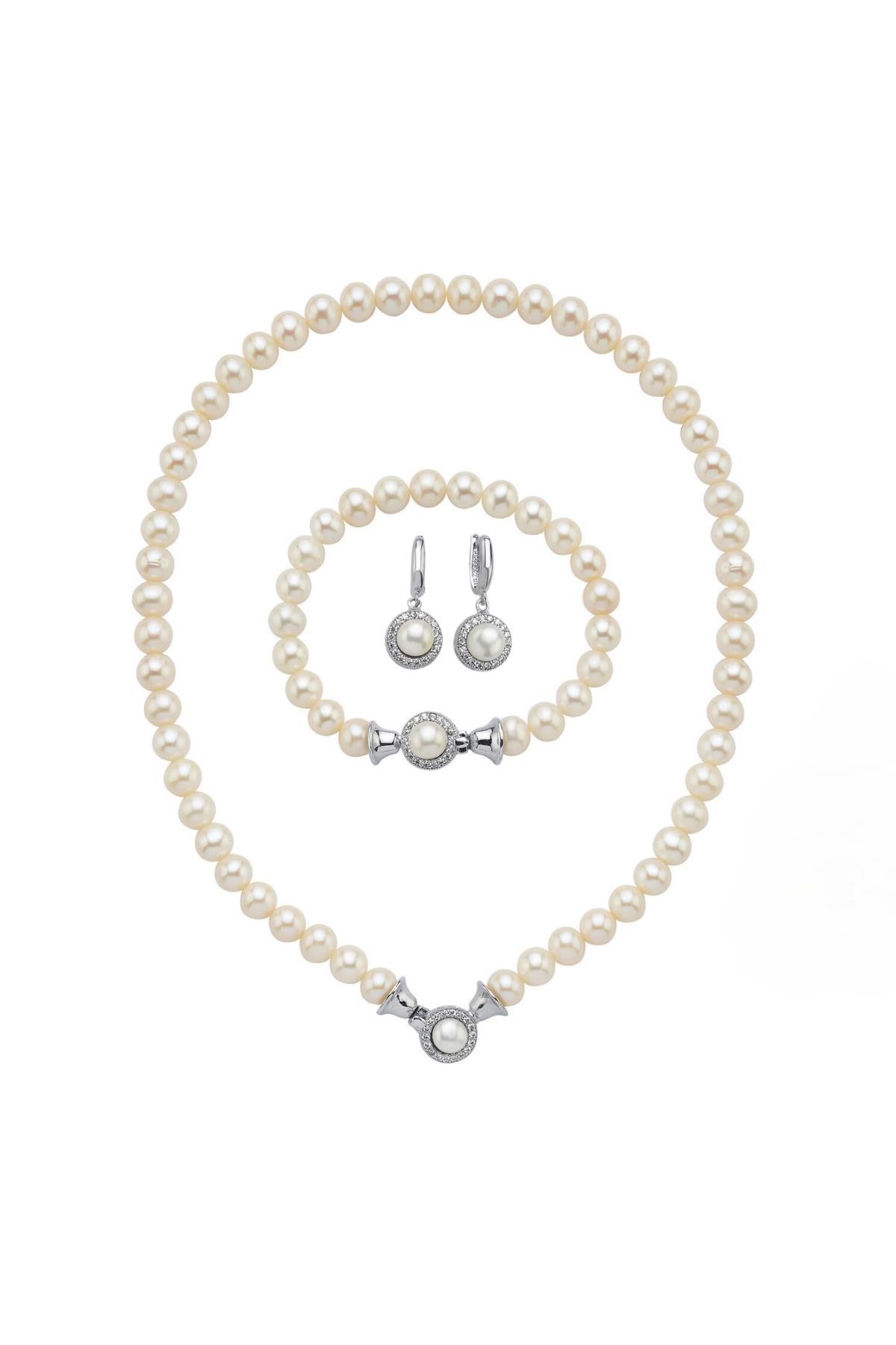 Zirkon Taşlı Doğal İnci Küpe Kolye Bileklik Üçlü Set