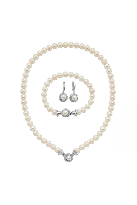 Zirkon Taşlı Doğal İnci Küpe Kolye Bileklik Üçlü Set