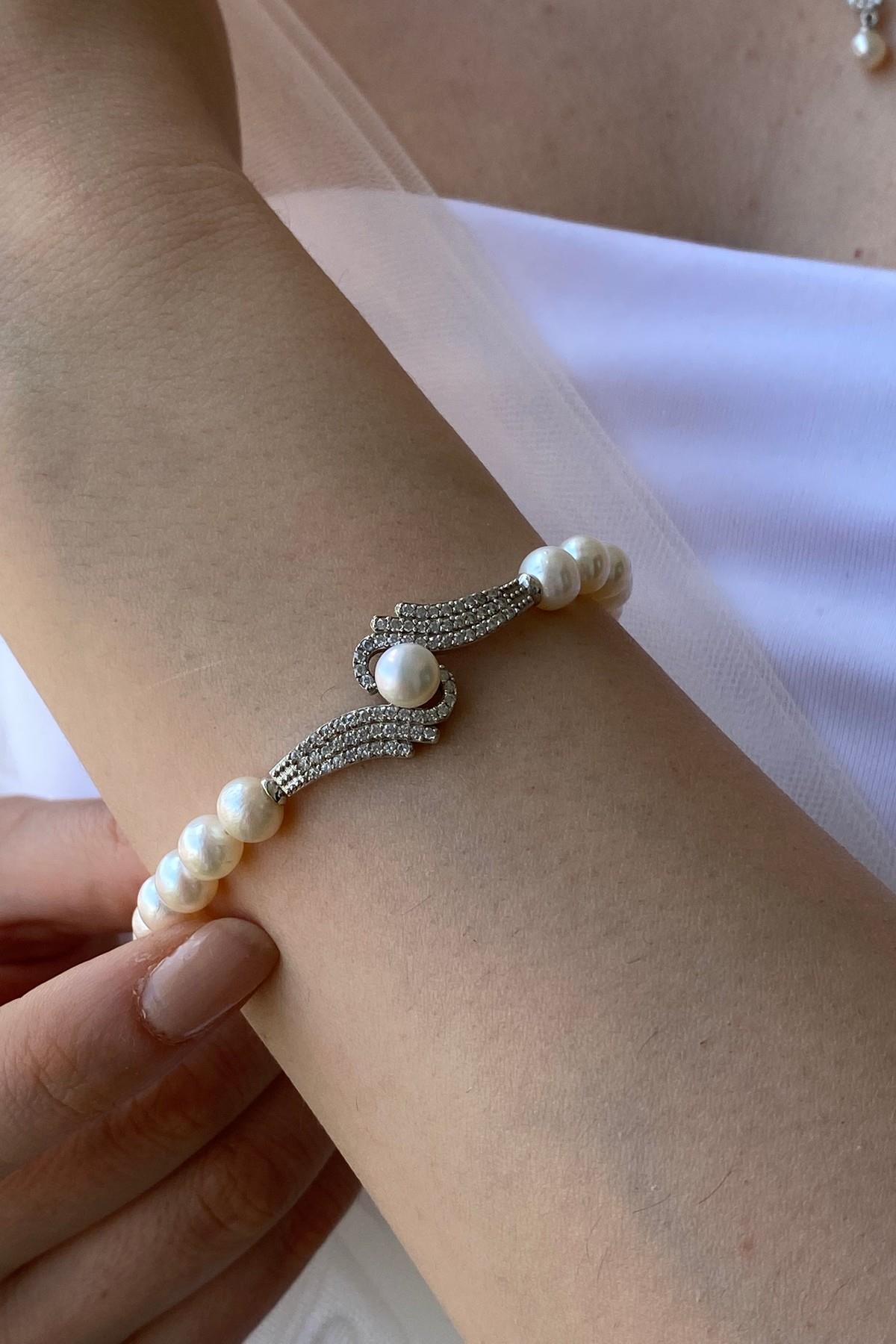 Zirkon Taşlı Doğal İnci Bileklik