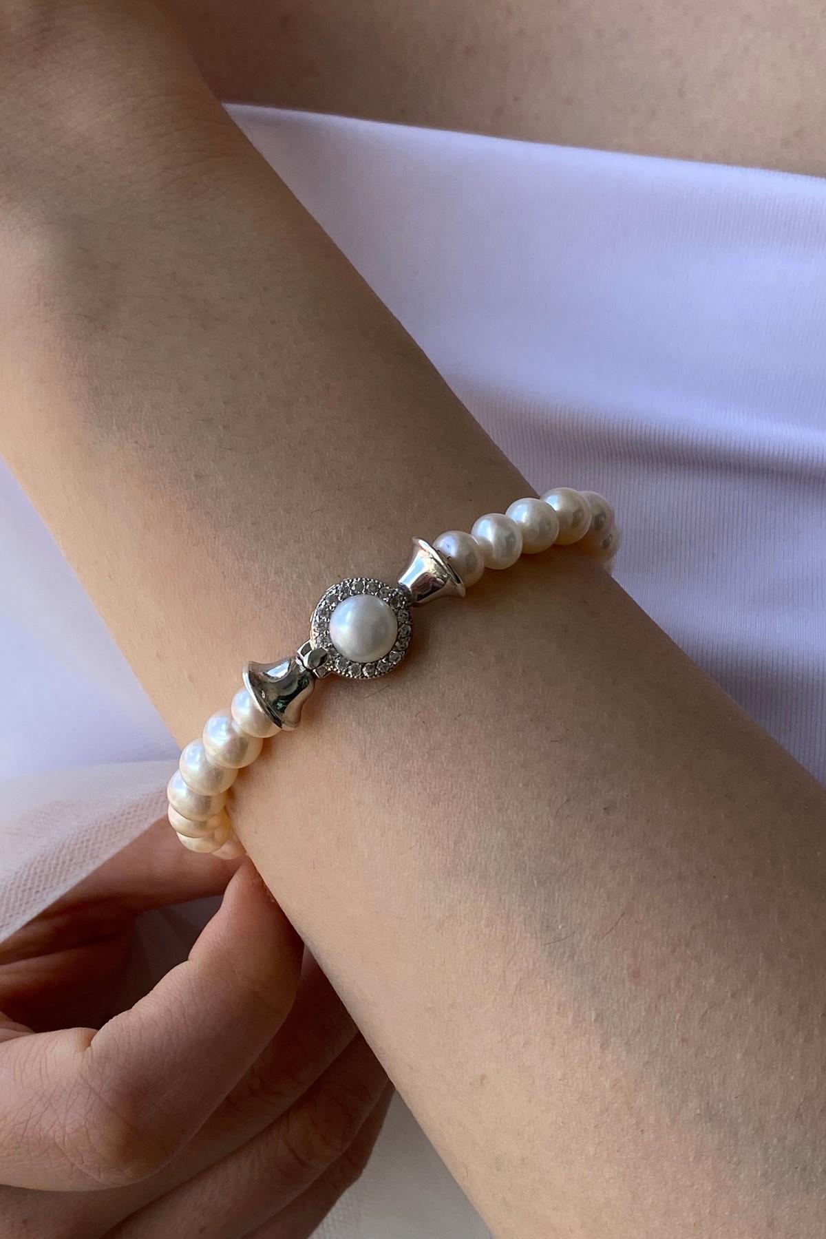 Zirkon Taşlı Doğal İnci Bileklik