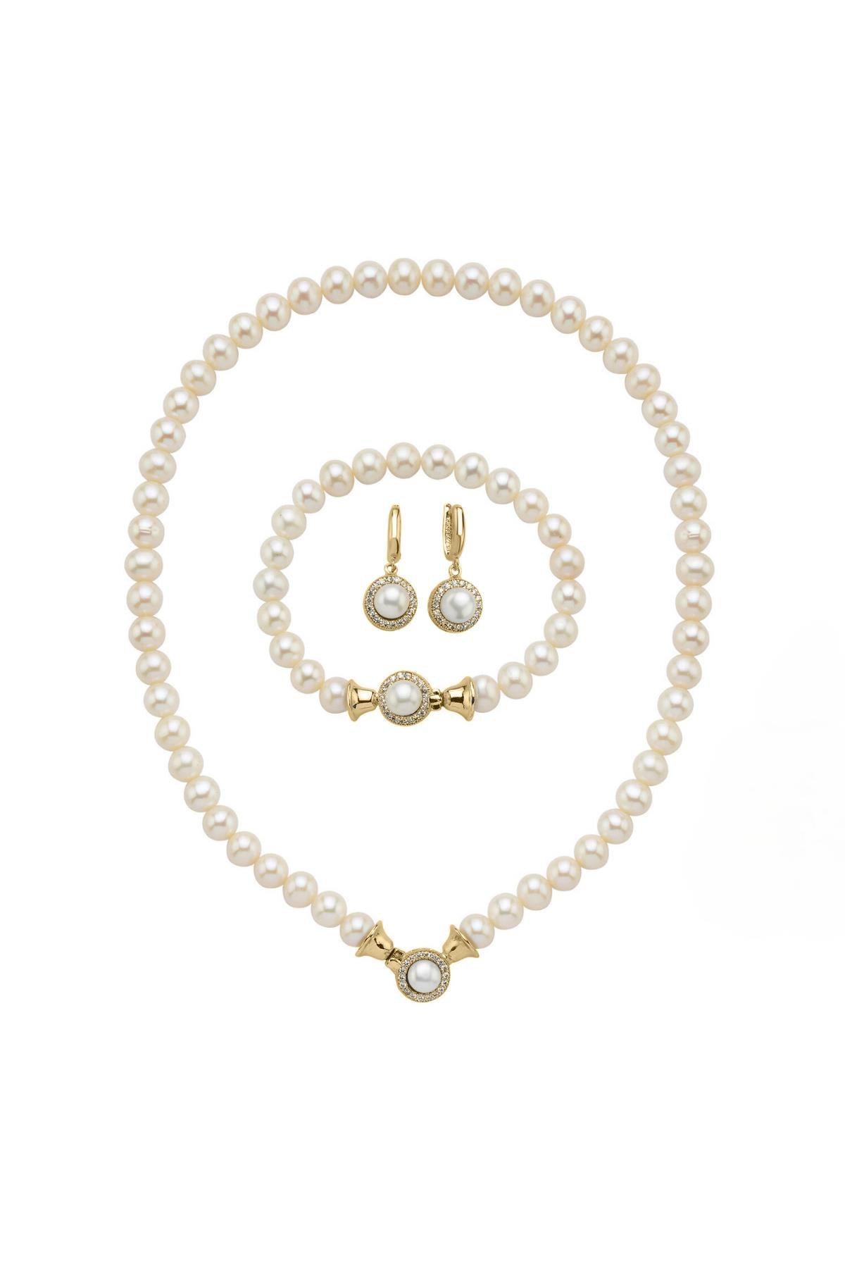 Zirkon Taşlı Doğal İnci Küpe Kolye Bileklik Üçlü Set