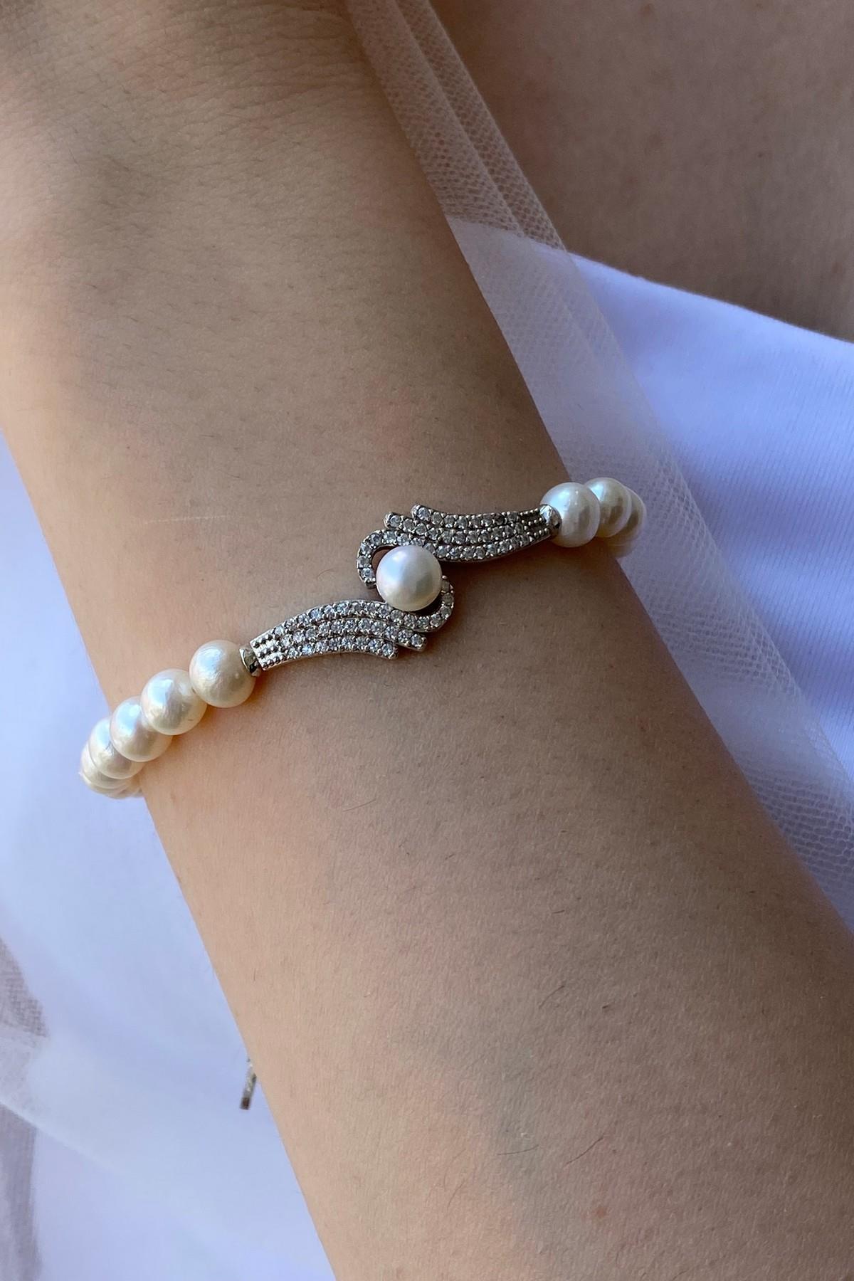 Zirkon Taşlı Doğal İnci Bileklik