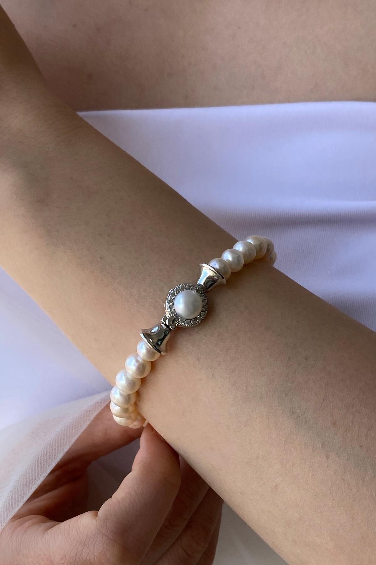 Zirkon Taşlı Doğal İnci Küpe Kolye Bileklik Üçlü Set