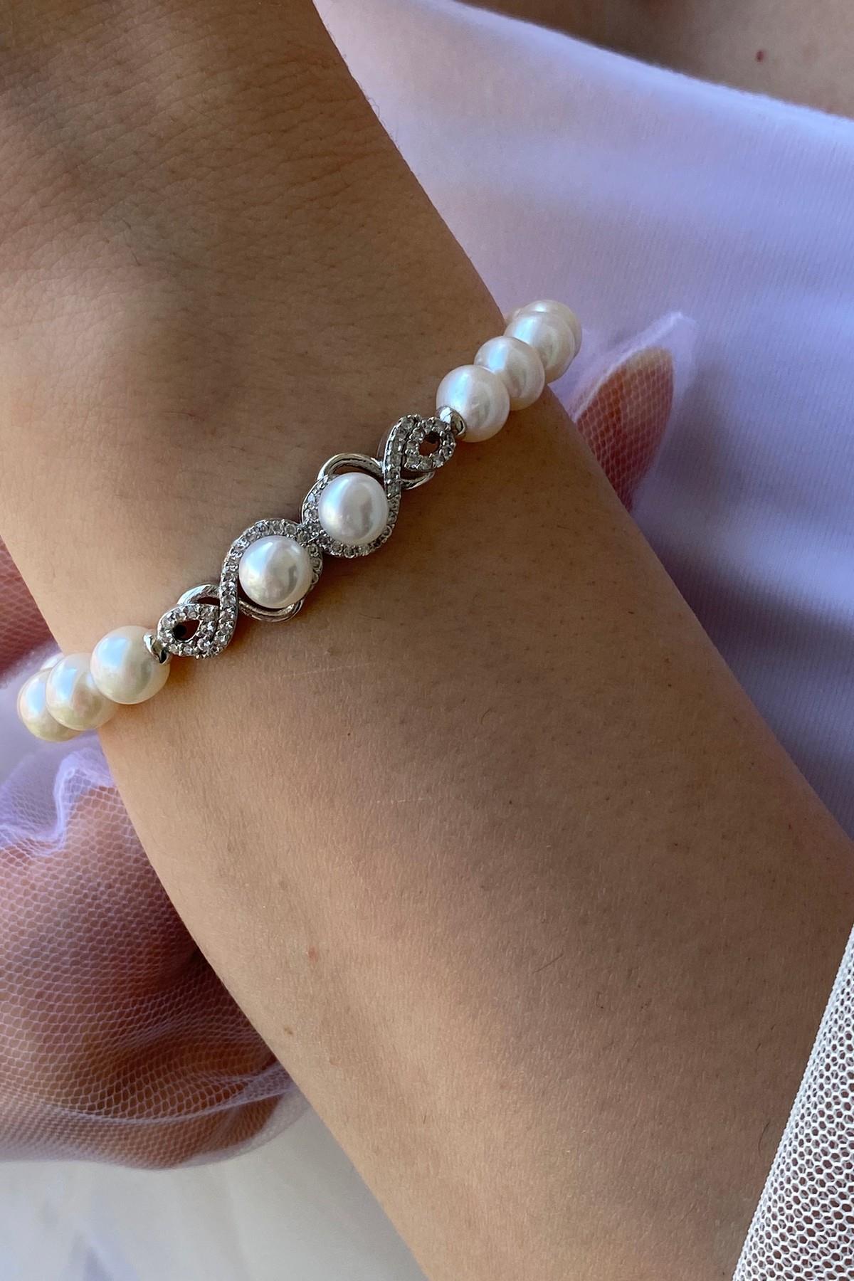 Zirkon Taşlı Suyolu Doğal İnci Bileklik
