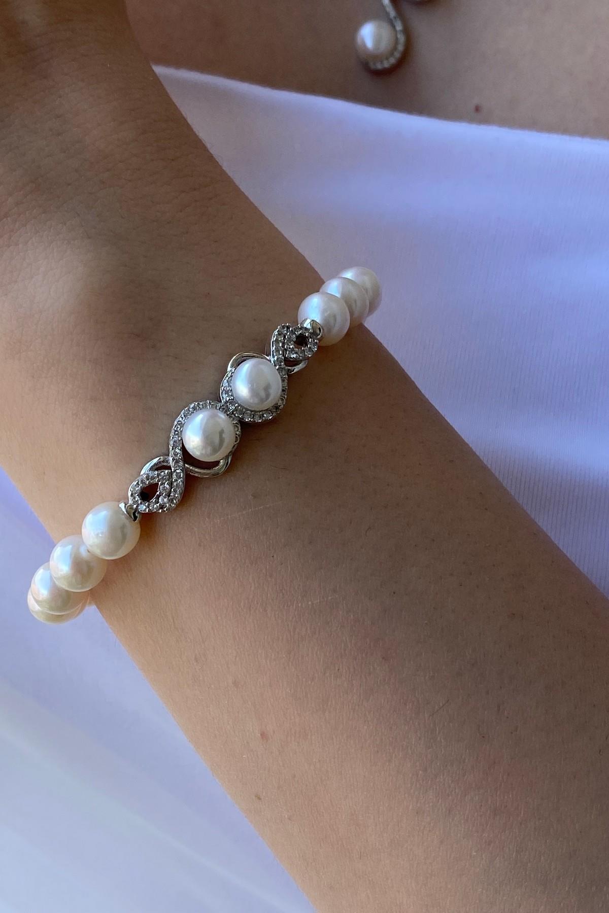 Zirkon Taşlı Suyolu Doğal İnci Bileklik