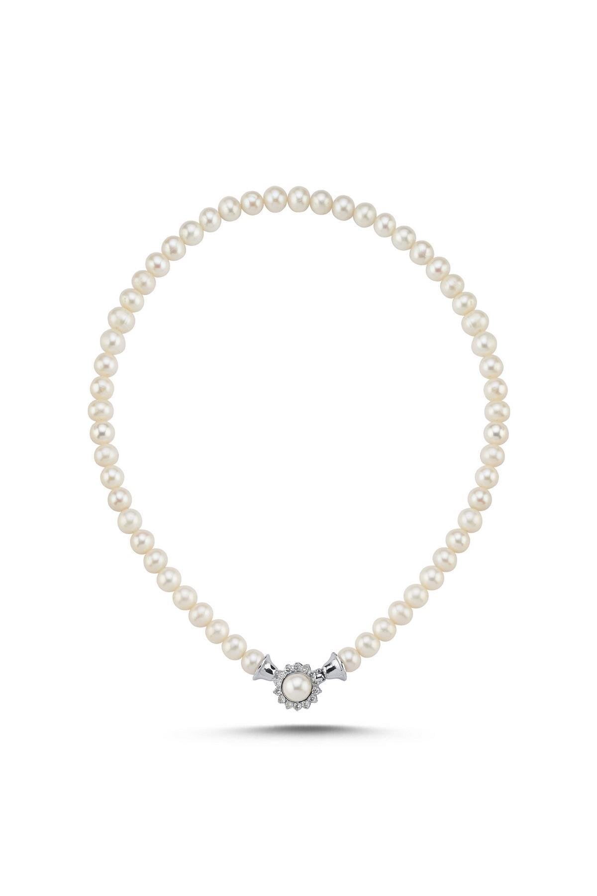 Papatya Zirkon Taşlı Doğal İnci Kolye