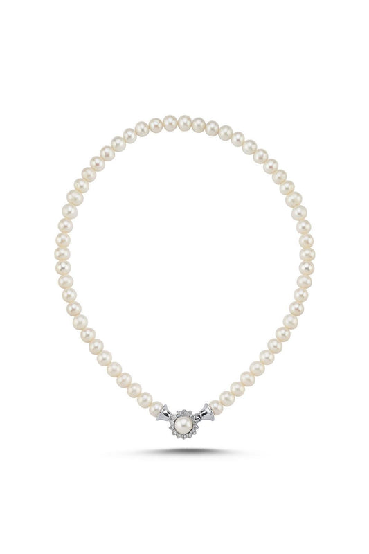 Papatya Zirkon Taşlı Doğal İnci Kolye