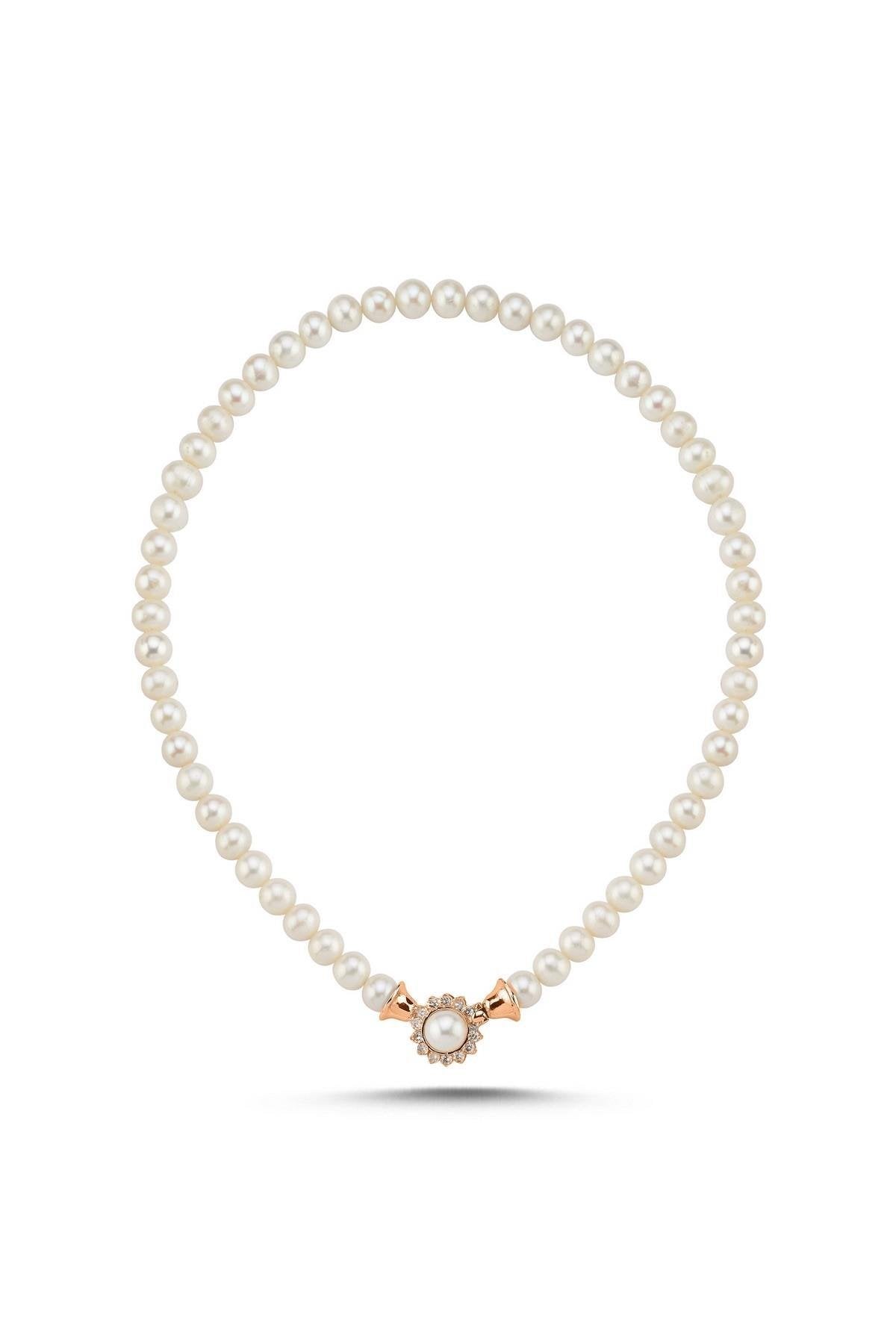 Papatya Zirkon Taşlı Doğal İnci Kolye